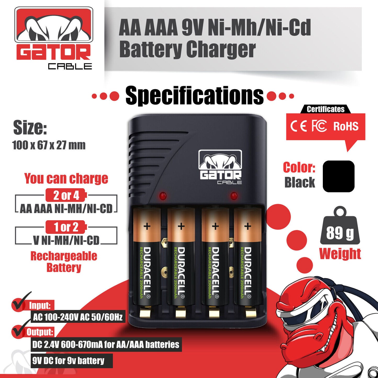 Universal Batteries Charger AA AAA 9V NiMH NiCD Rechargeable Batteries Plug-In