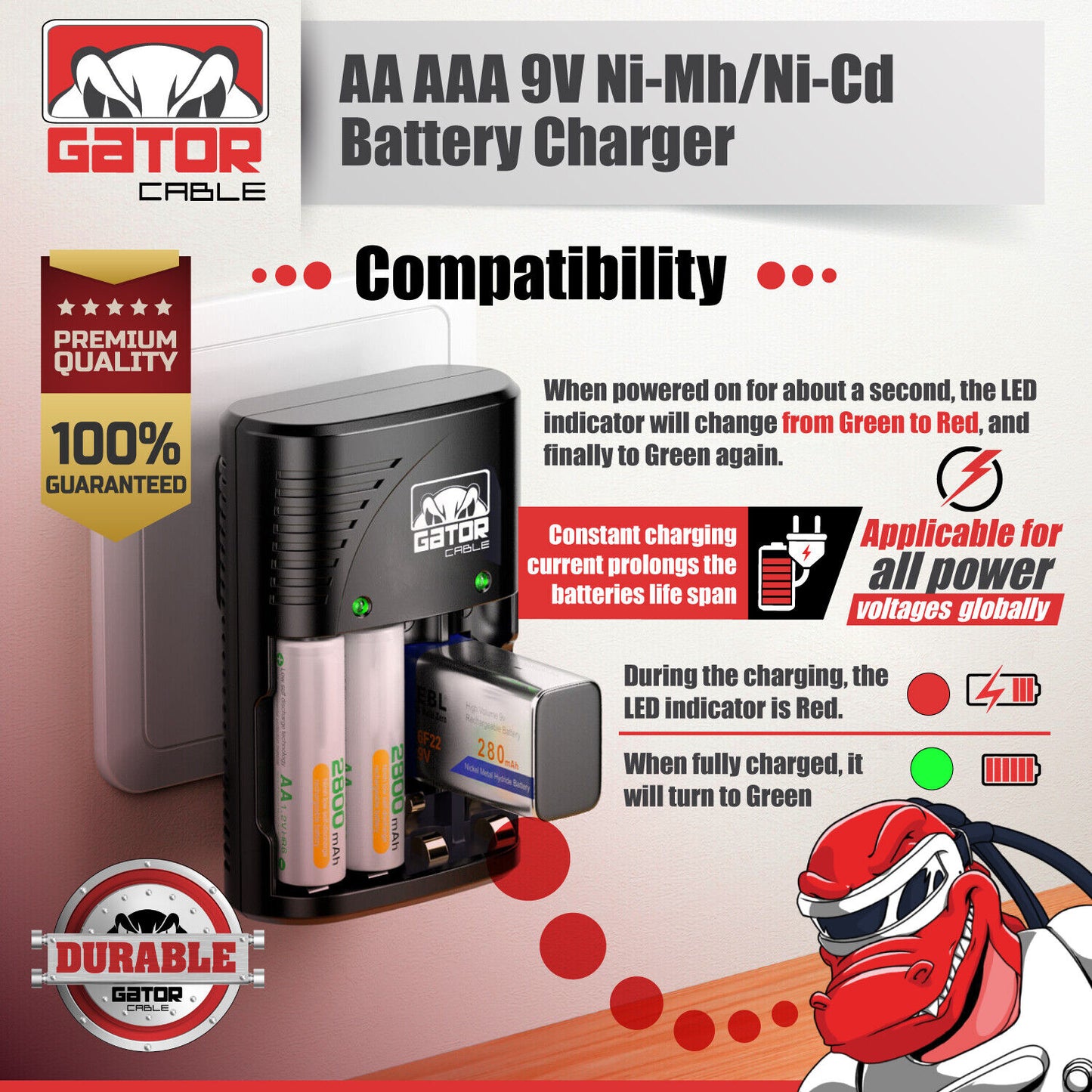 Universal Batteries Charger AA AAA 9V NiMH NiCD Rechargeable Batteries Plug-In