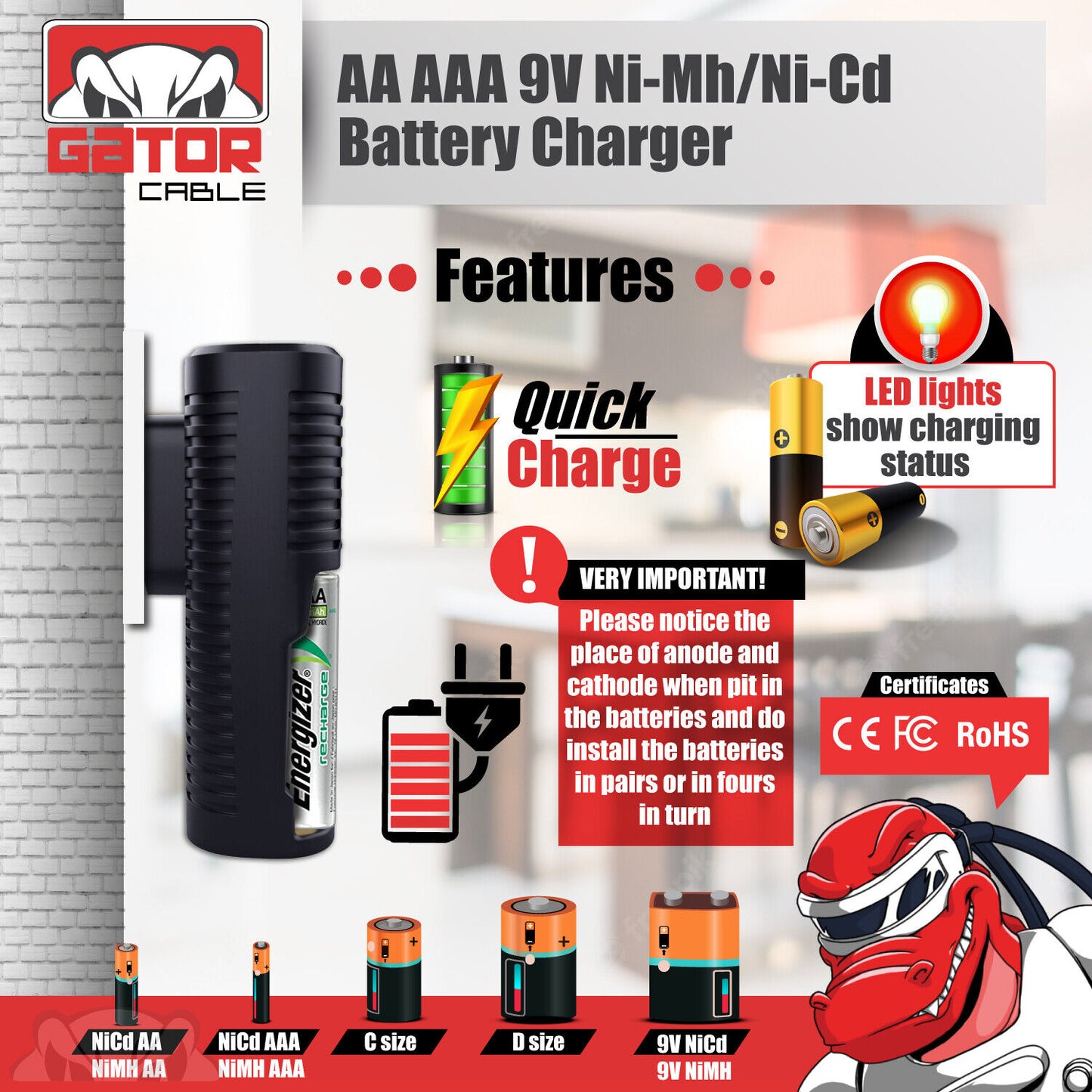 Universal Batteries Charger AA AAA 9V NiMH NiCD Rechargeable Batteries Plug-In