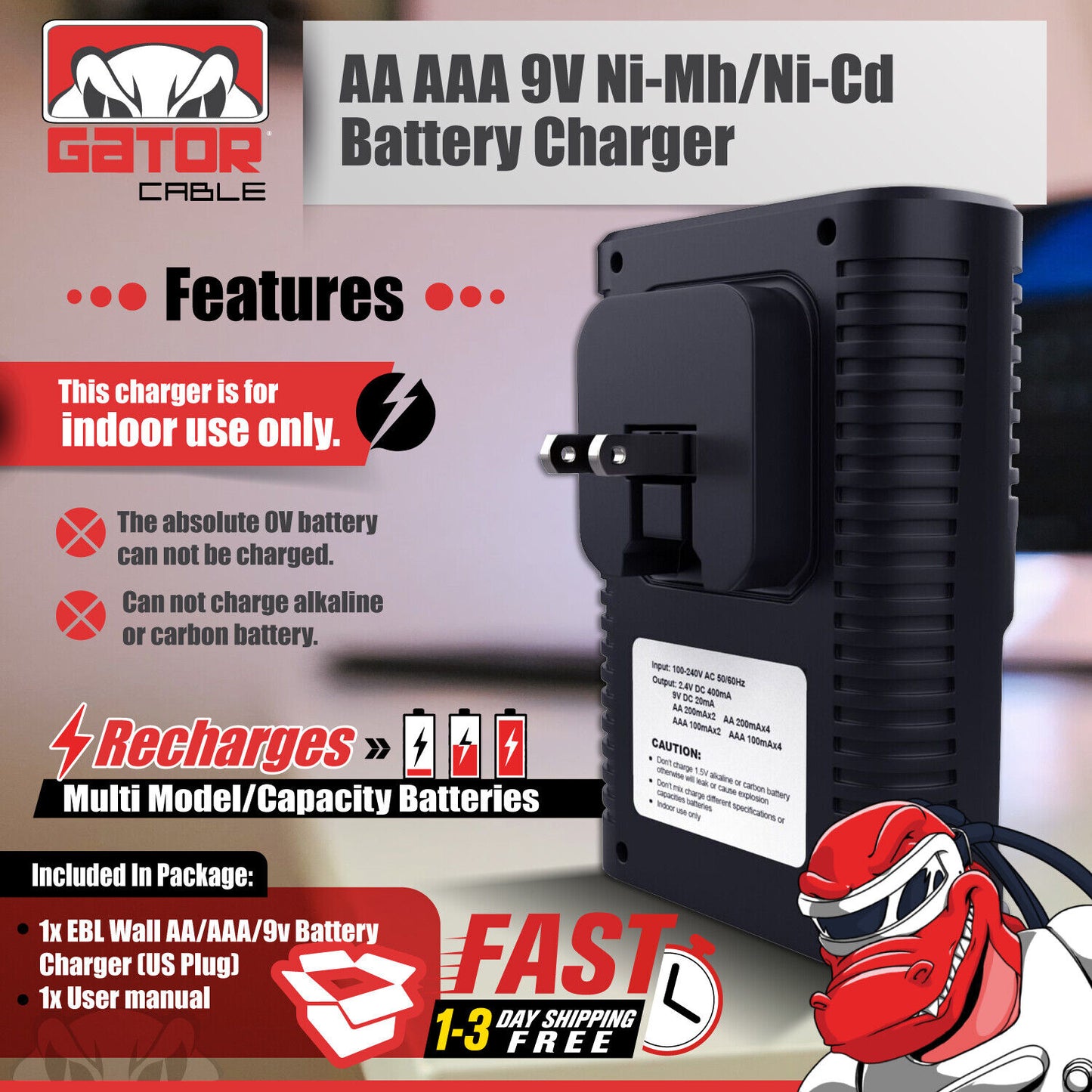 Universal Batteries Charger AA AAA 9V NiMH NiCD Rechargeable Batteries Plug-In