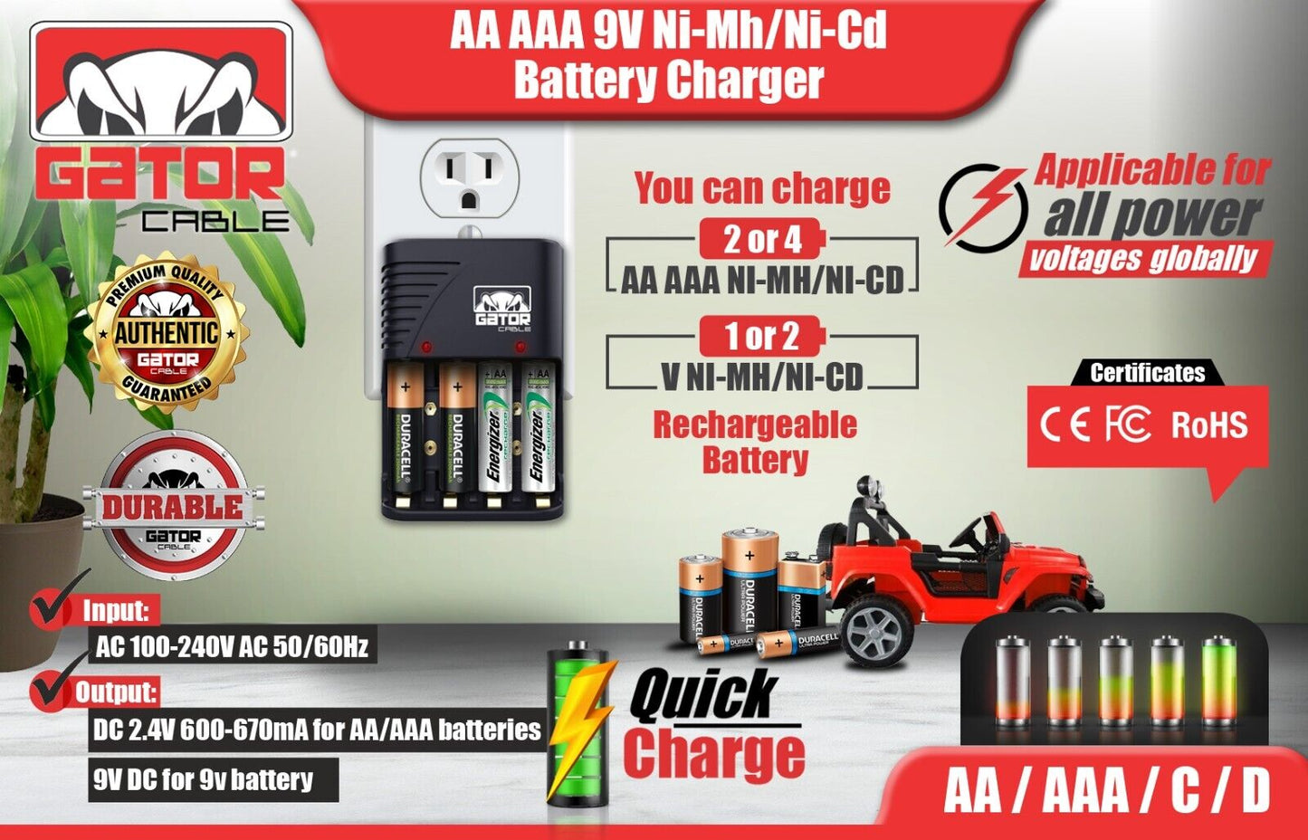 Universal Batteries Charger AA AAA 9V NiMH NiCD Rechargeable Batteries Plug-In