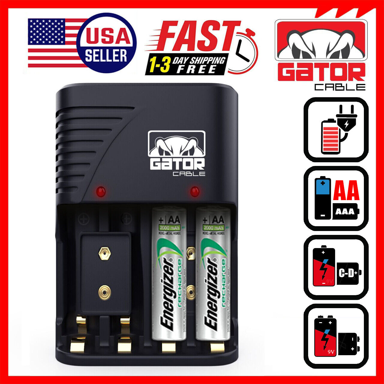 Universal Batteries Charger AA AAA 9V NiMH NiCD Rechargeable Batteries Plug-In