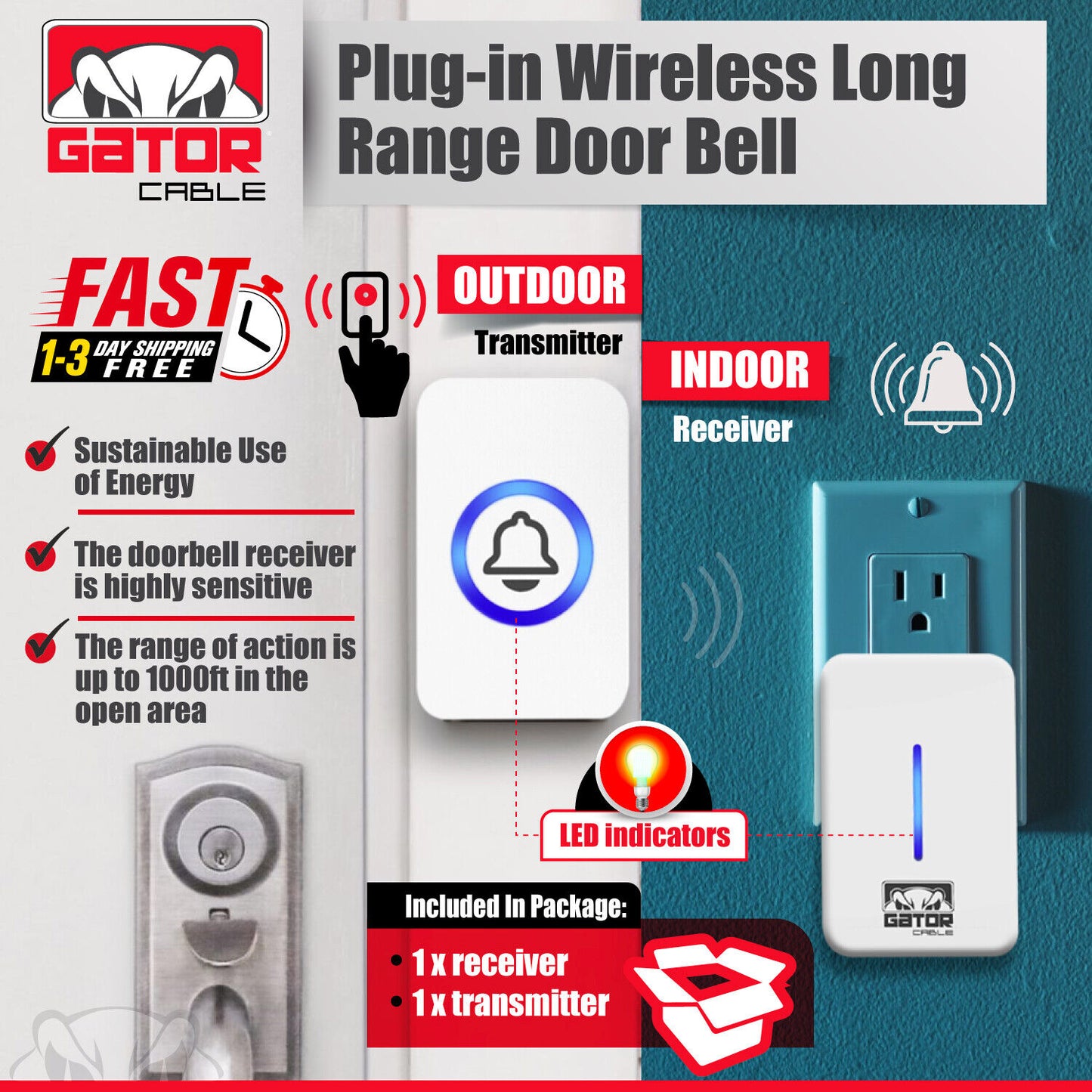 Wireless Doorbell Plug-In LED Lights Waterproof Long Range Receiver Remote LOUD