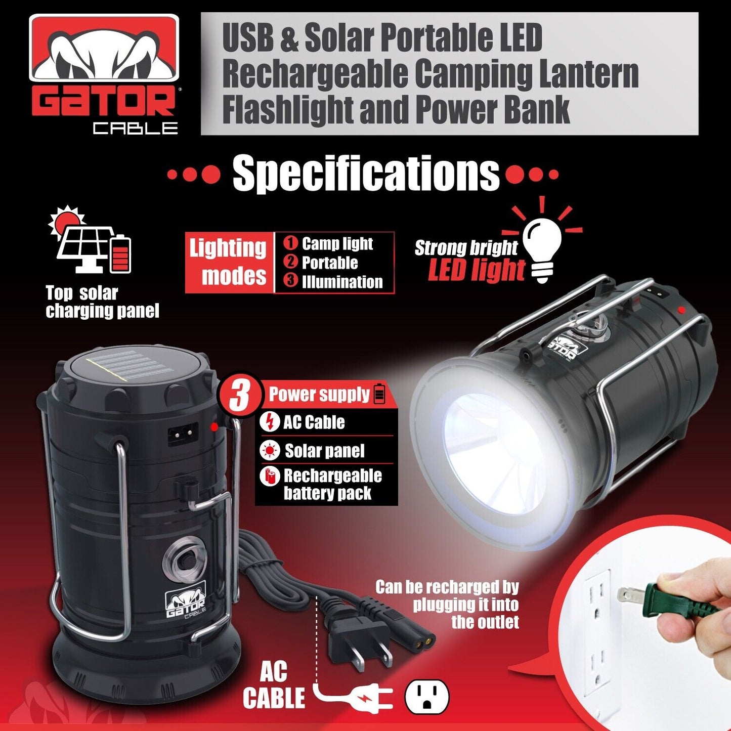 Solar Portable Rechargeable LED Camping Lantern Flashlight Lamp USB Power Bank