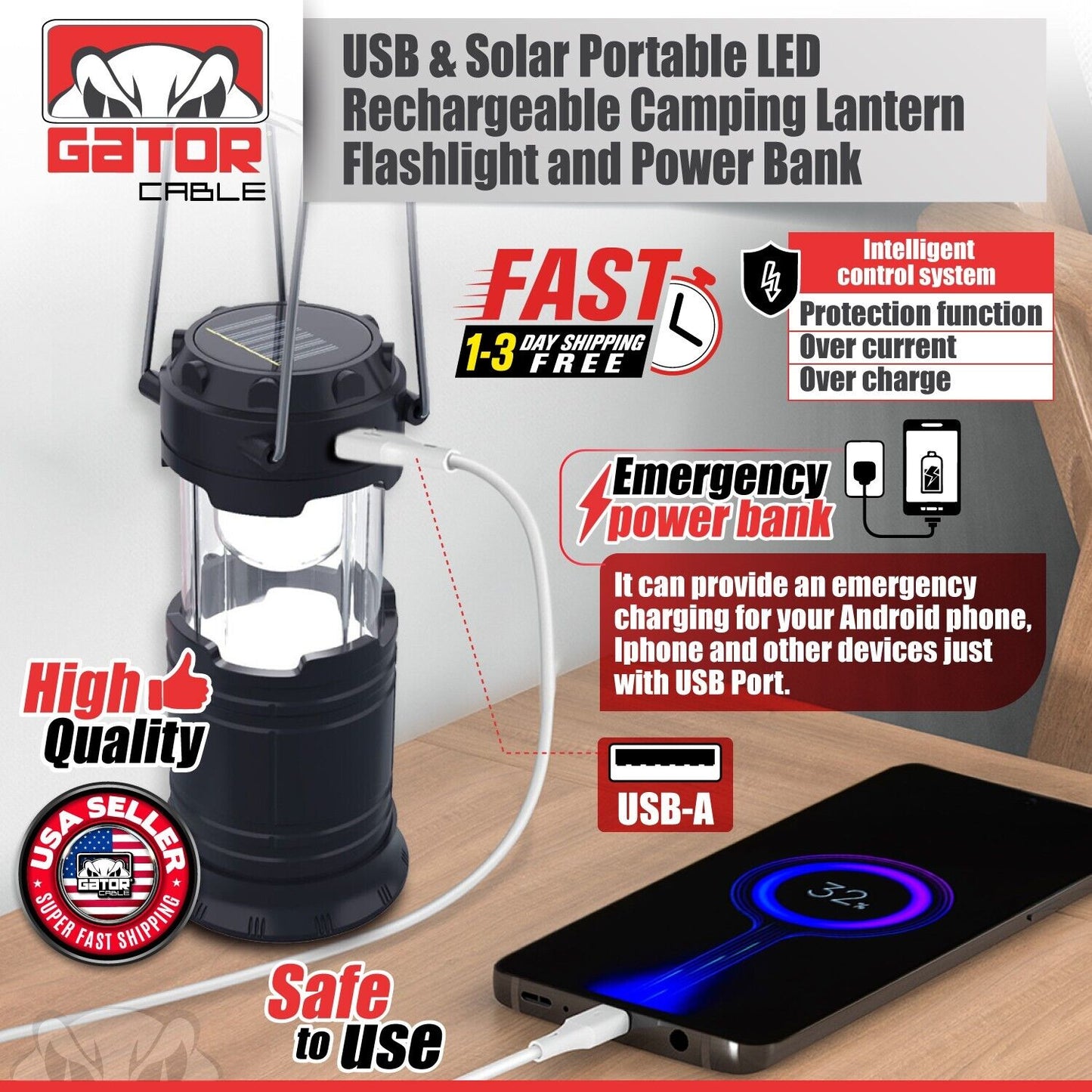 Solar Portable Rechargeable LED Camping Lantern Flashlight Lamp USB Power Bank