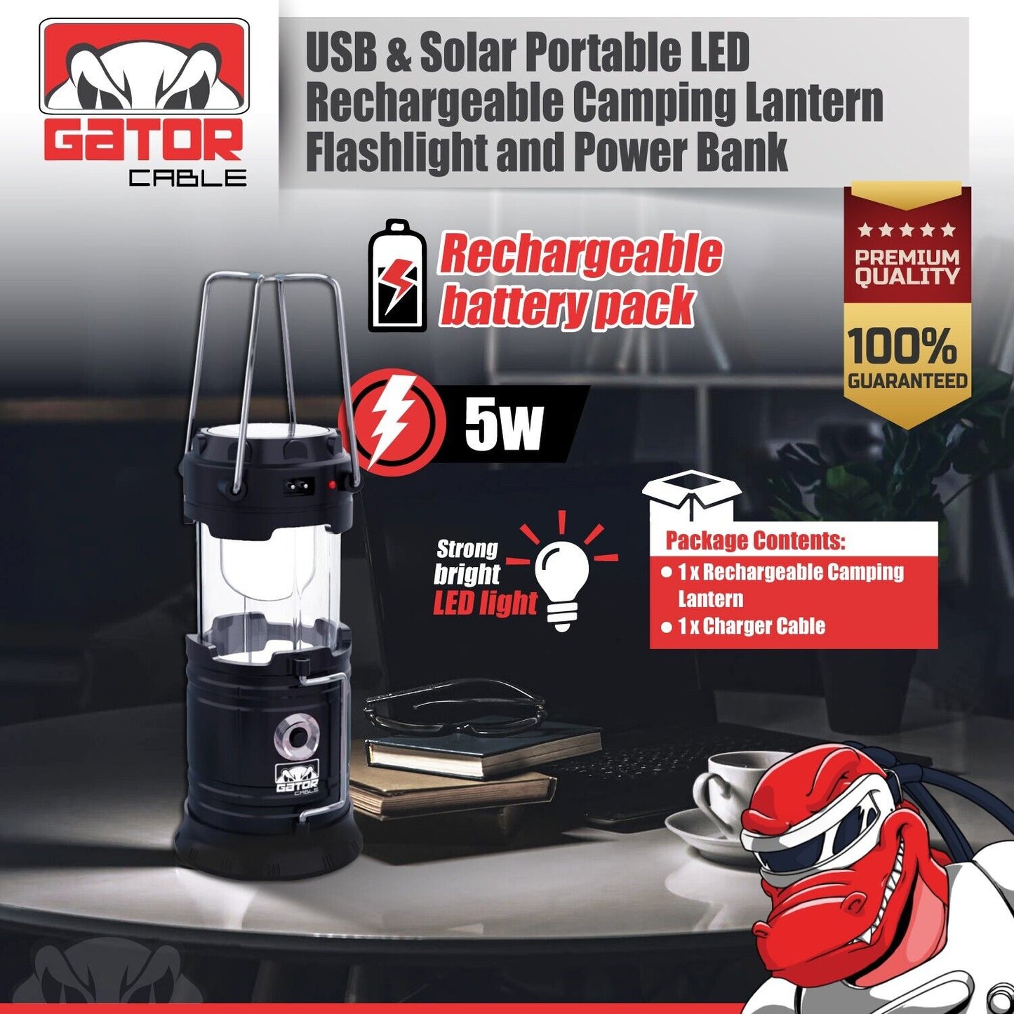 Solar Portable Rechargeable LED Camping Lantern Flashlight Lamp USB Power Bank