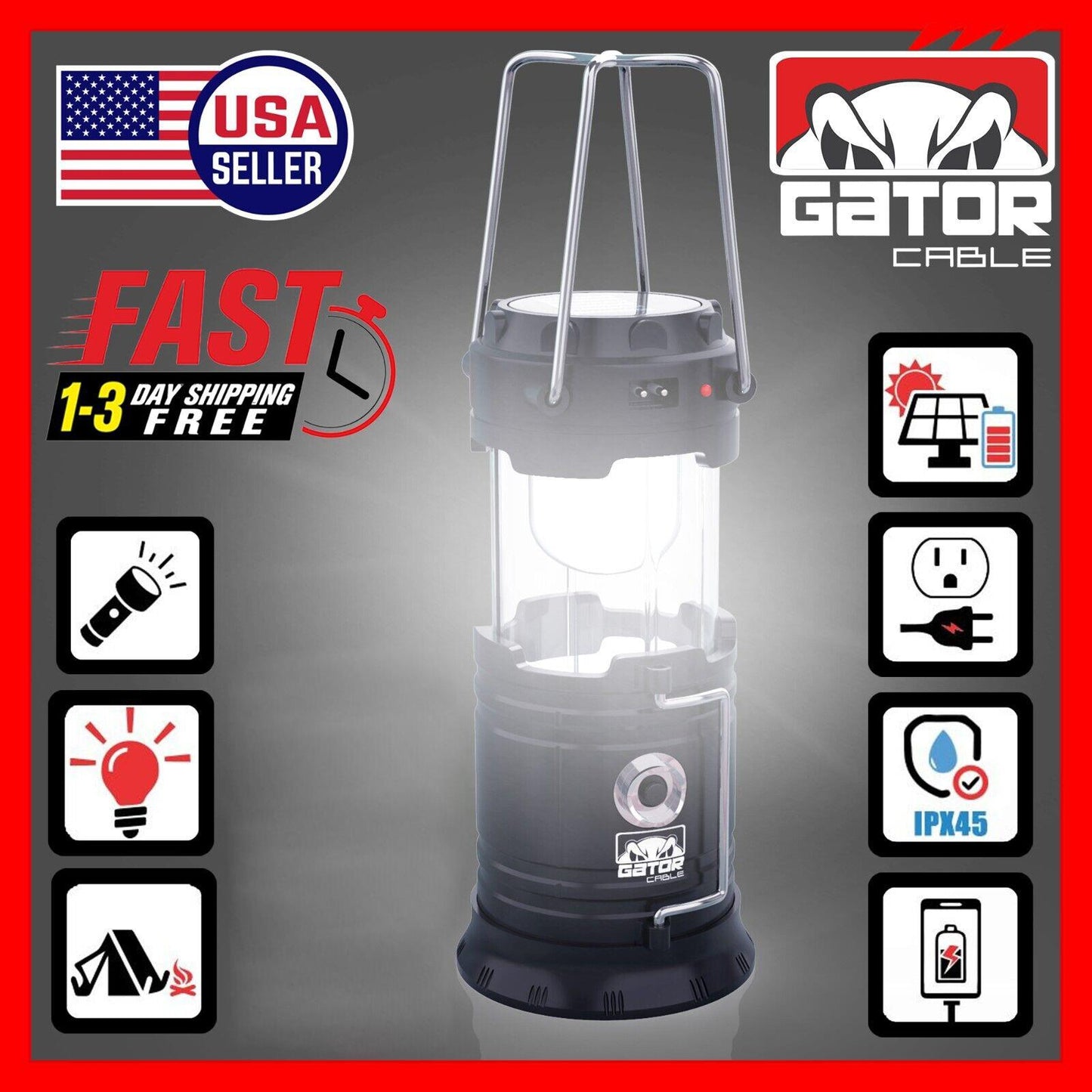 Solar Portable Rechargeable LED Camping Lantern Flashlight Lamp USB Power Bank