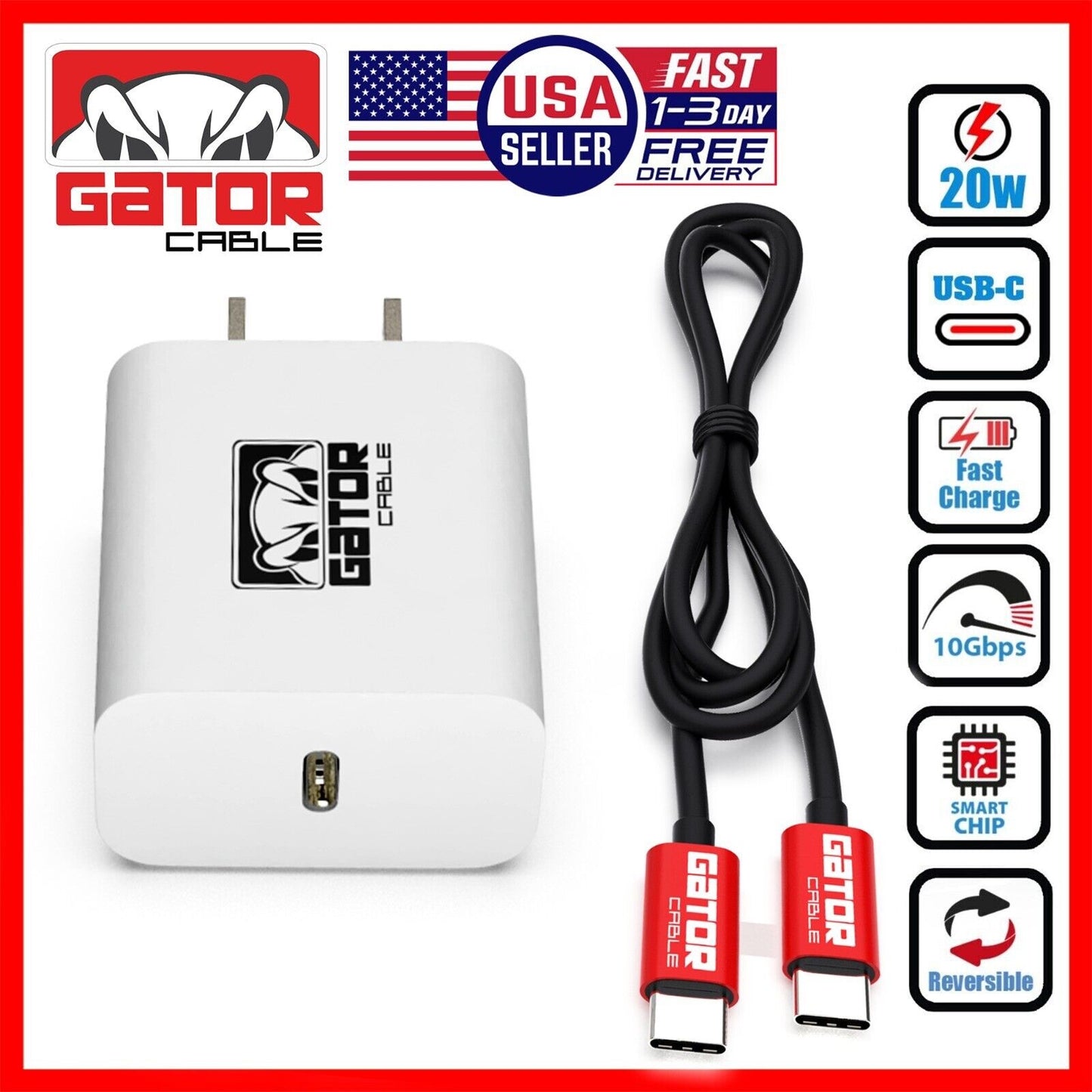 USB-C to USB-C Cable PD 20W Wall Charger Fast Charge for Samsung LG HTC Android