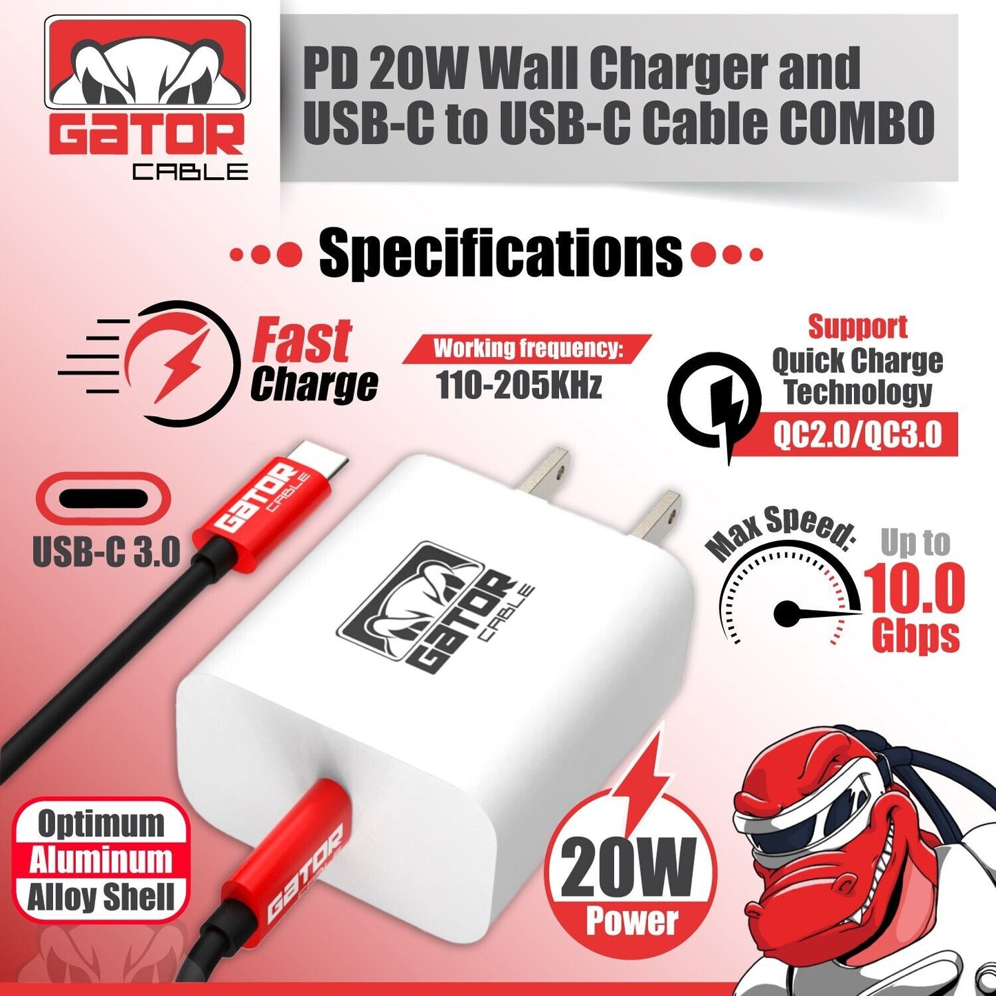 USB-C to USB-C Cable PD 20W Wall Charger Fast Charge for Samsung LG HTC Android