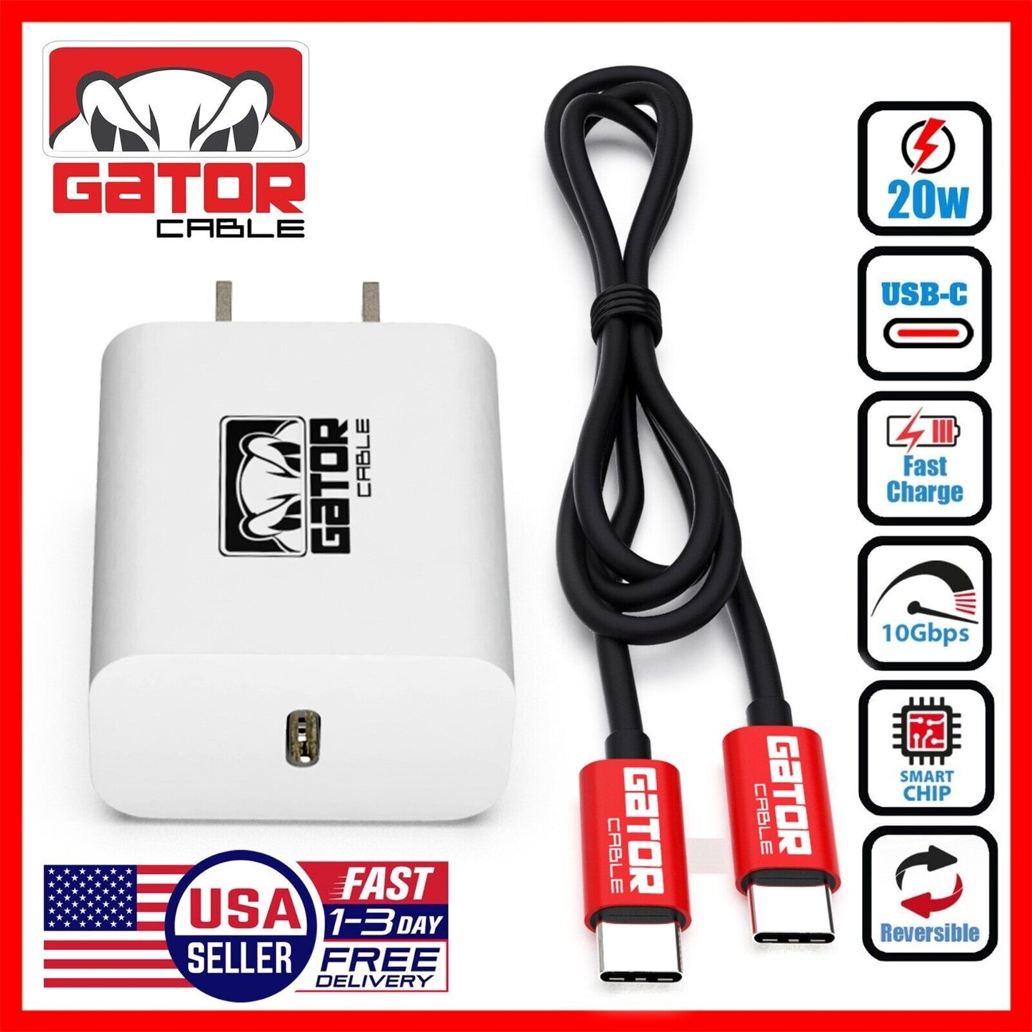 USB-C to USB-C Cable PD 20W Wall Charger Fast Charge for Samsung LG HTC Android
