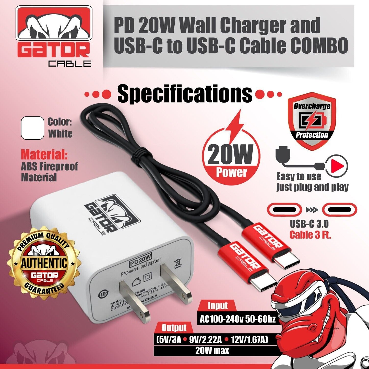 USB-C to USB-C Cable PD 20W Wall Charger Fast Charge for Samsung LG HTC Android