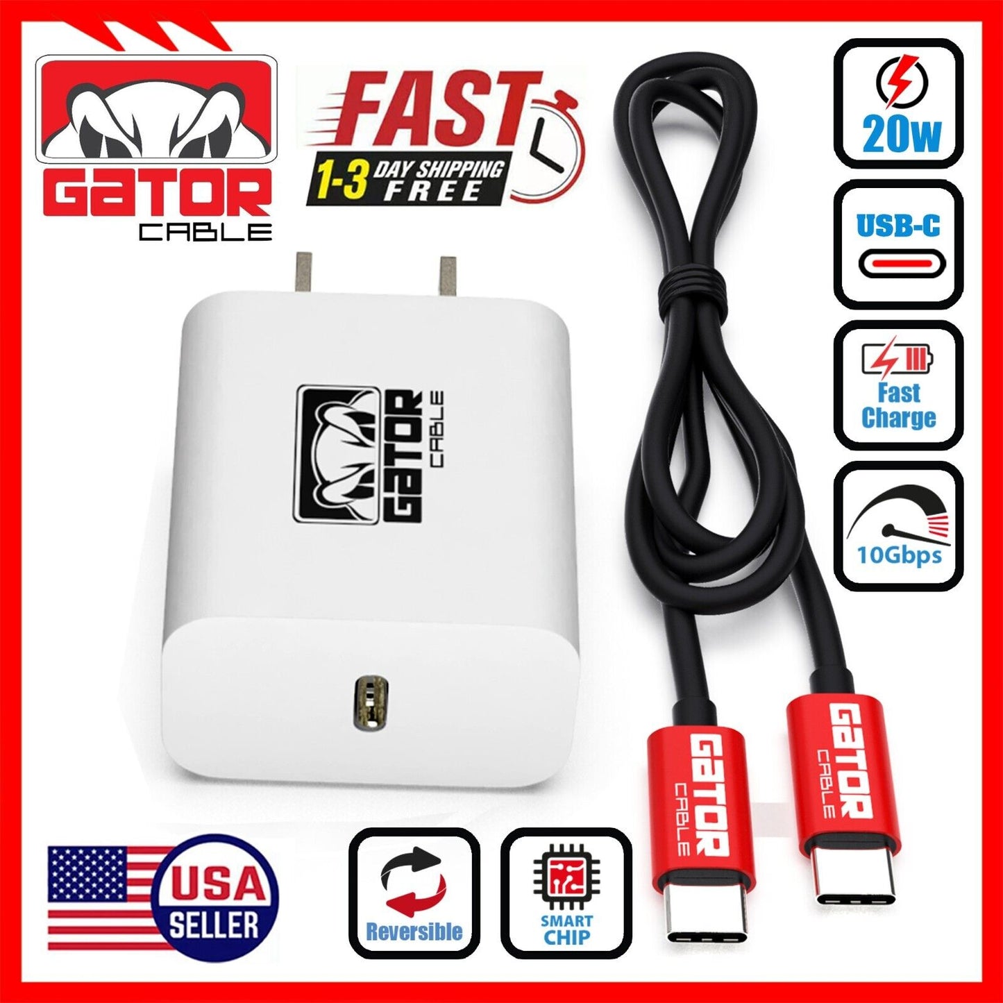 USB-C to USB-C Cable PD 20W Wall Charger Fast Charge for Samsung LG HTC Android