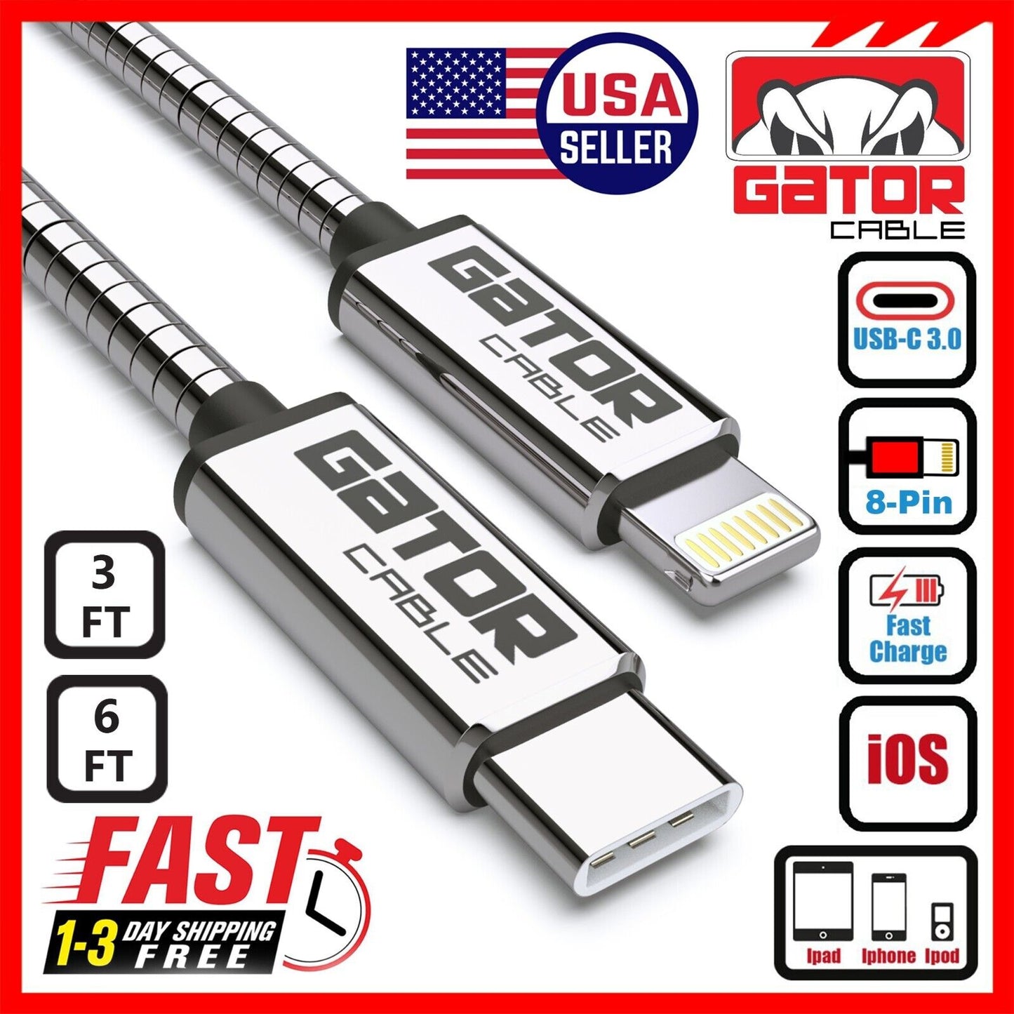 USB-C Fast Charger Cable PD 20W For iPhone 7 8 X 11 12 13 14 Pro Max Plus Metal