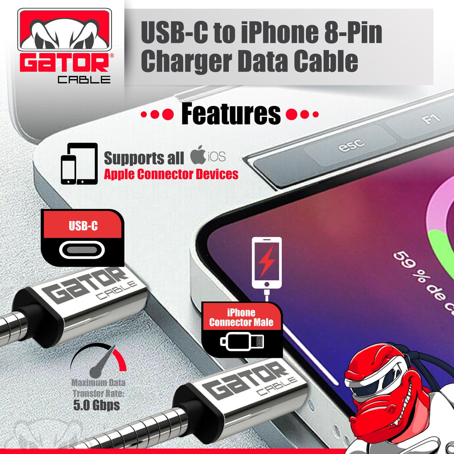 USB-C Fast Charger Cable PD 20W For iPhone 7 8 X 11 12 13 14 Pro Max Plus Metal