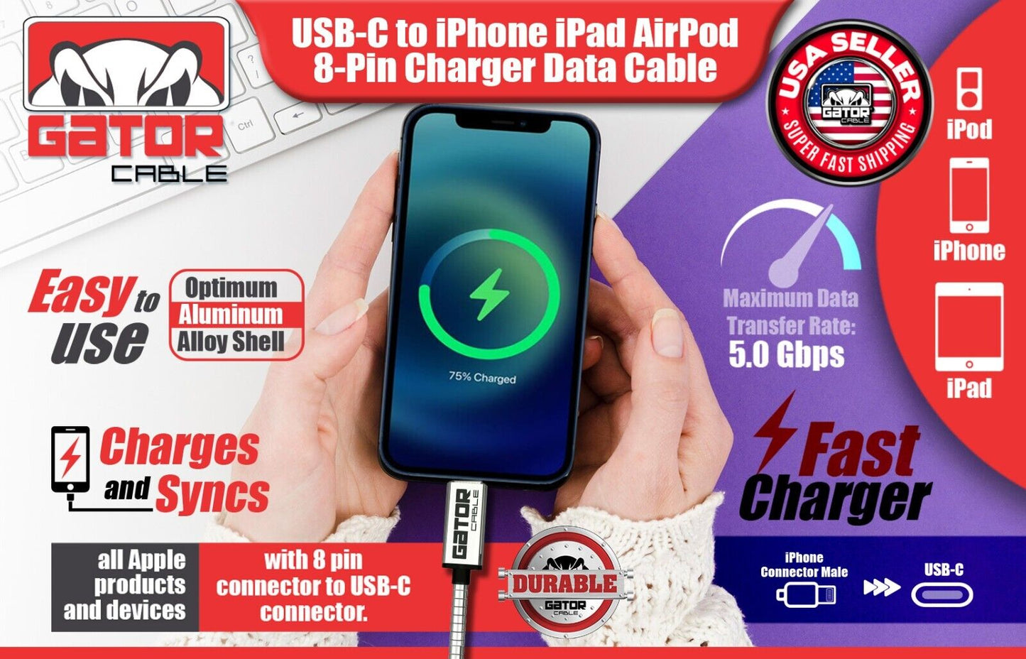 USB-C Fast Charger Cable PD 20W For iPhone 7 8 X 11 12 13 14 Pro Max Plus Metal