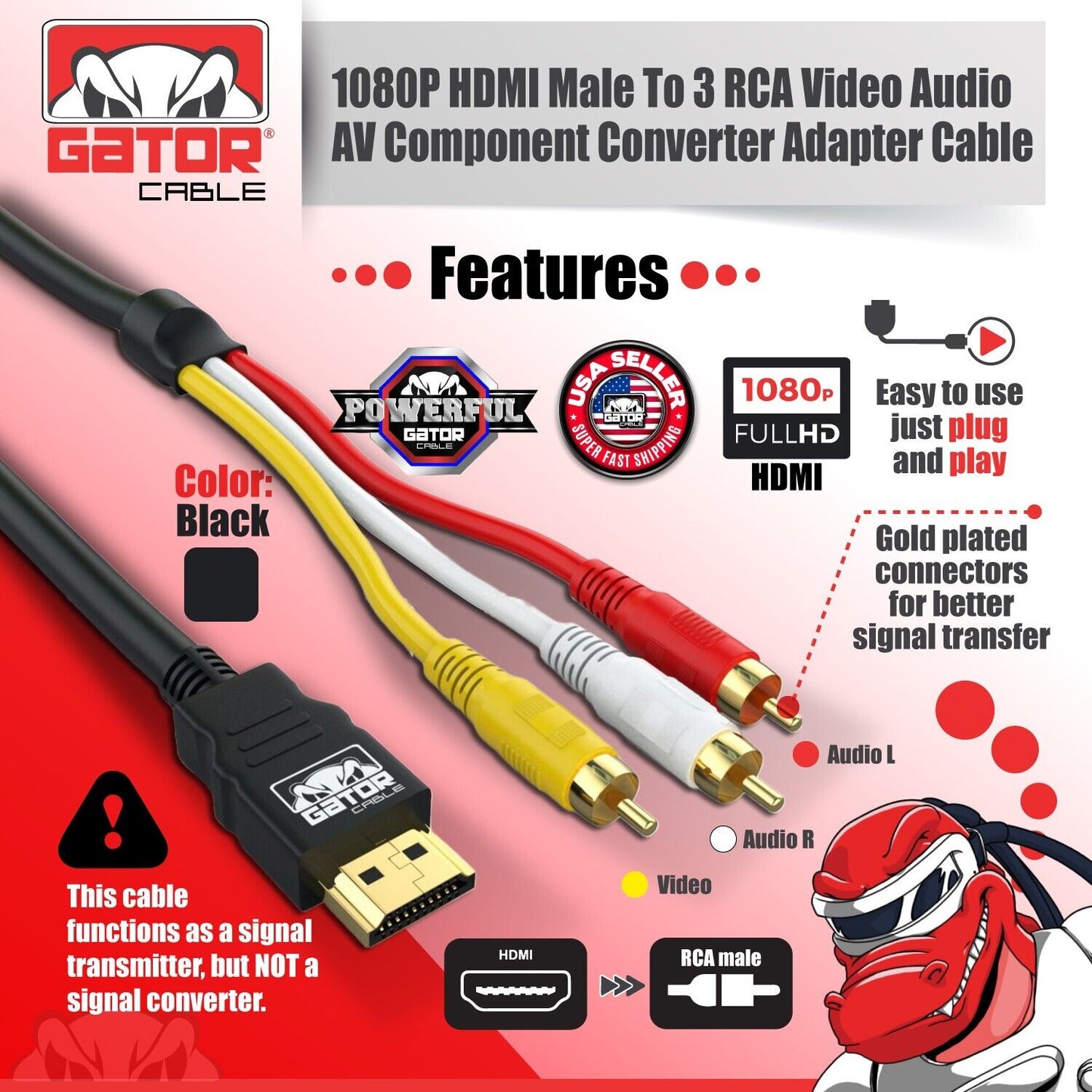 HDMI To 3 RCA Video Audio AV Component Converter Adapter HD Cable 1080P HDTV 5FT
