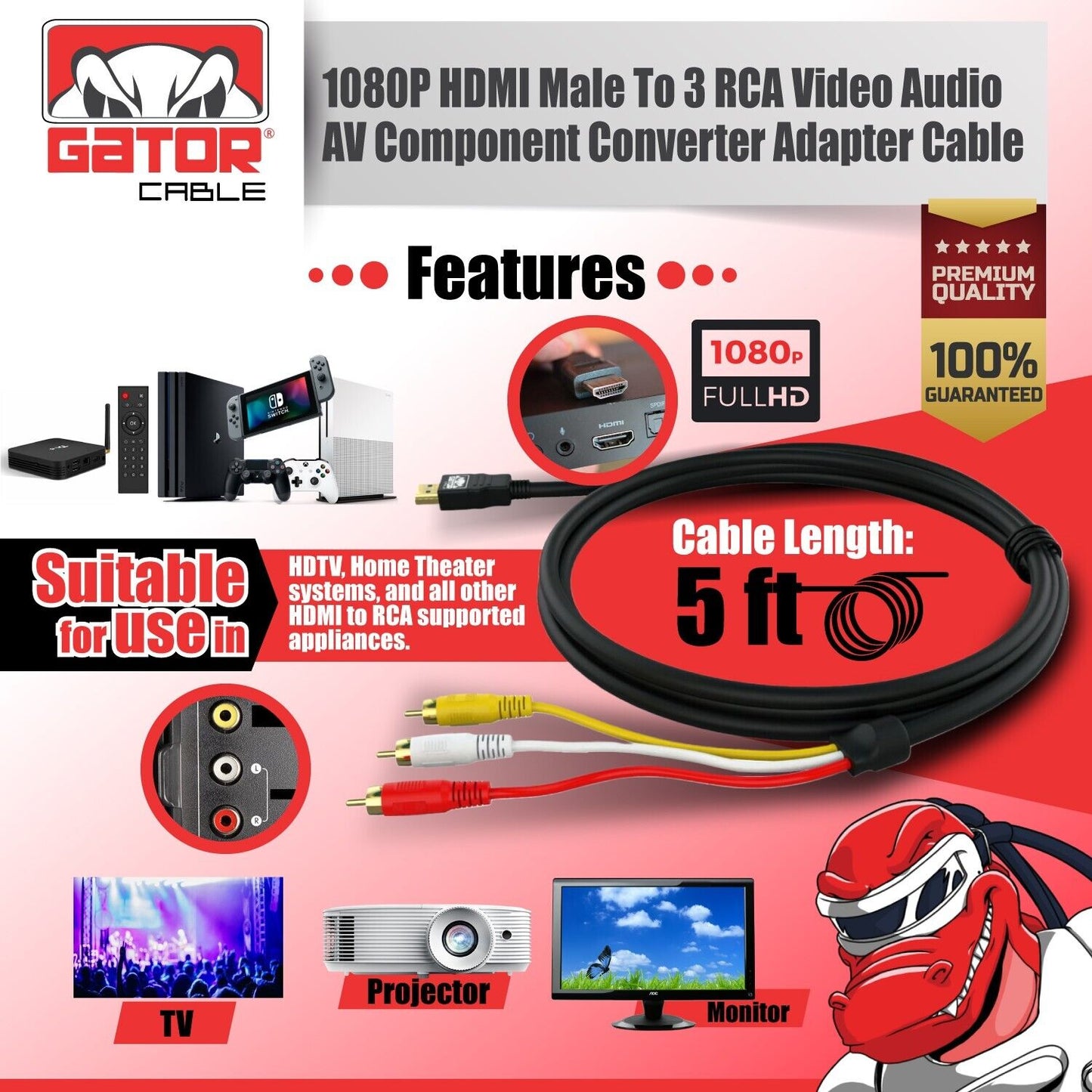 HDMI To 3 RCA Video Audio AV Component Converter Adapter HD Cable 1080P HDTV 5FT