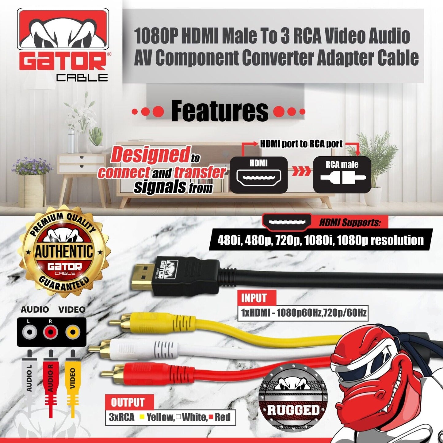 HDMI To 3 RCA Video Audio AV Component Converter Adapter HD Cable 1080P HDTV 5FT