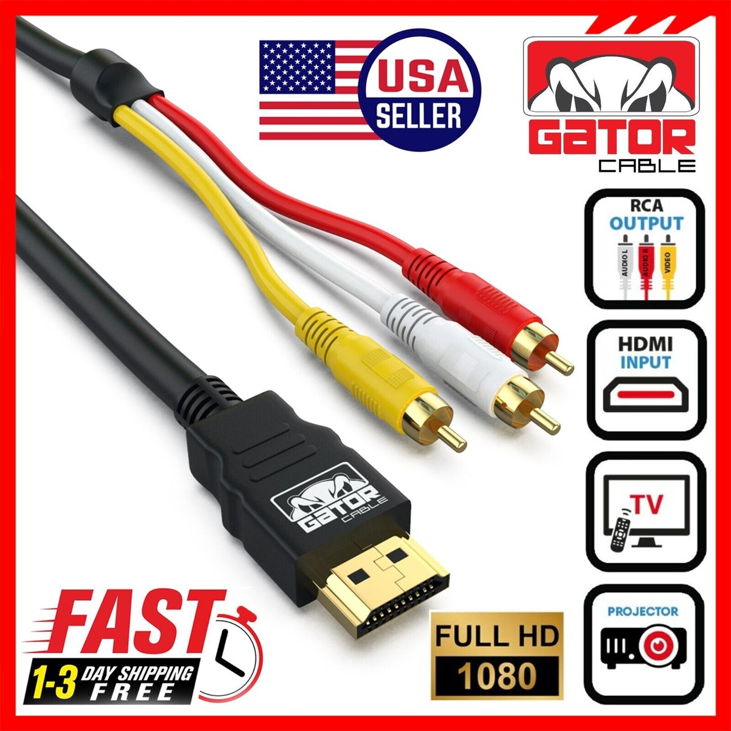 HDMI To 3 RCA Video Audio AV Component Converter Adapter HD Cable 1080P HDTV 5FT