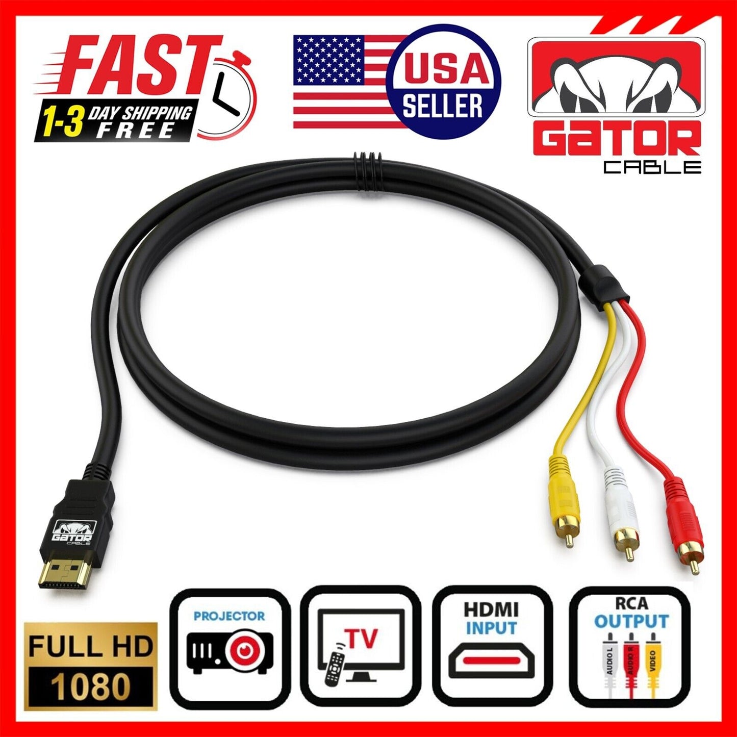HDMI To 3 RCA Video Audio AV Component Converter Adapter HD Cable 1080P HDTV 5FT