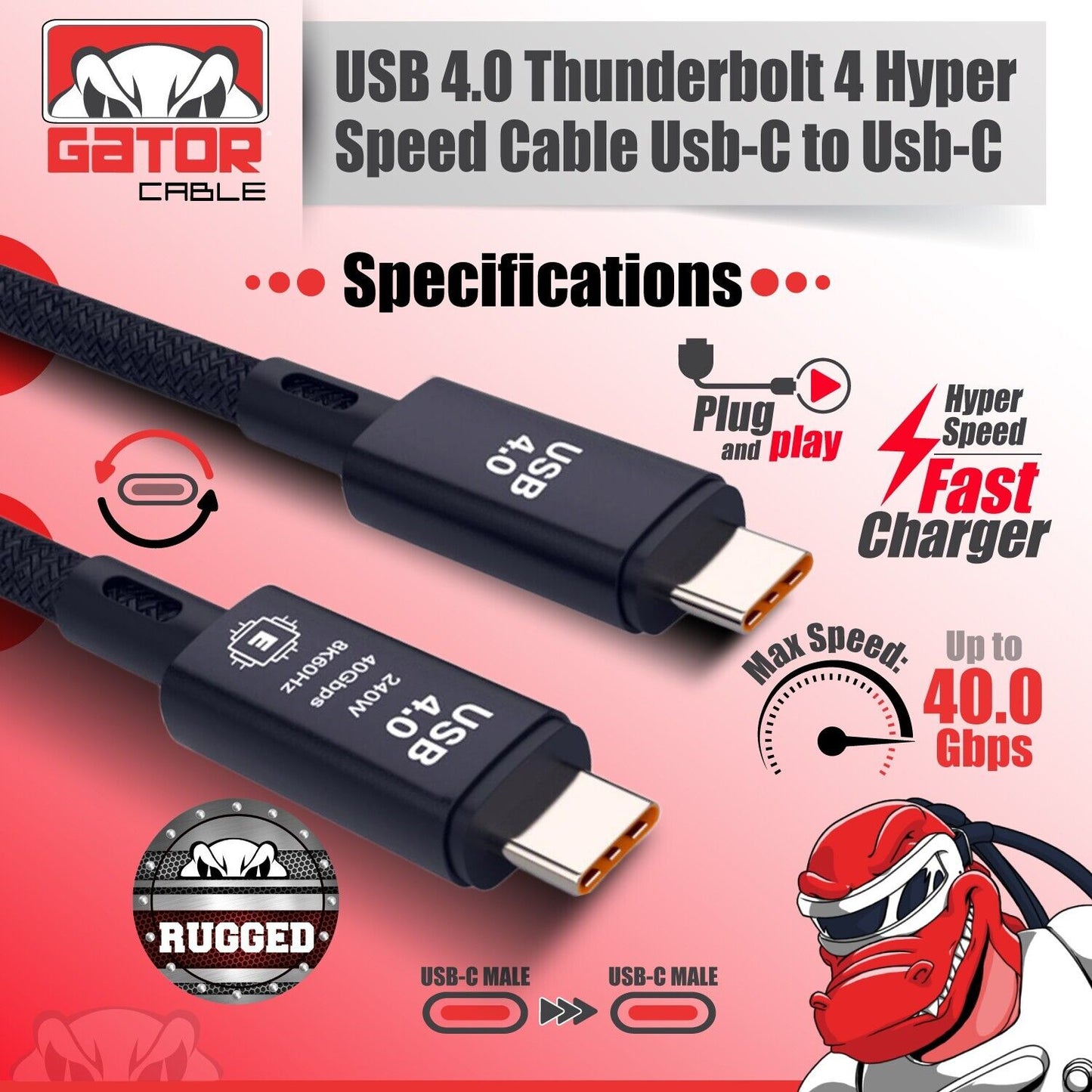 Thunderbolt 4 3 USB-C 4.0 Cable Charger Data 40Gbps PD 240W 8K Video Display UHD
