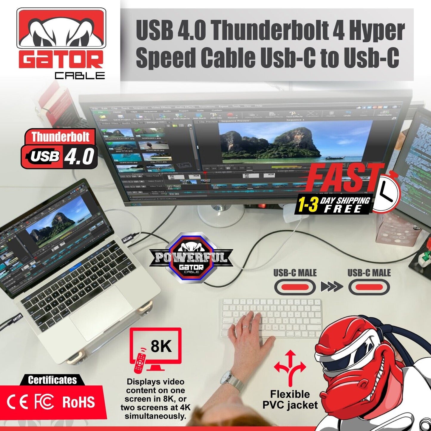 Thunderbolt 4 3 USB-C 4.0 Cable Charger Data 40Gbps PD 240W 8K Video Display UHD