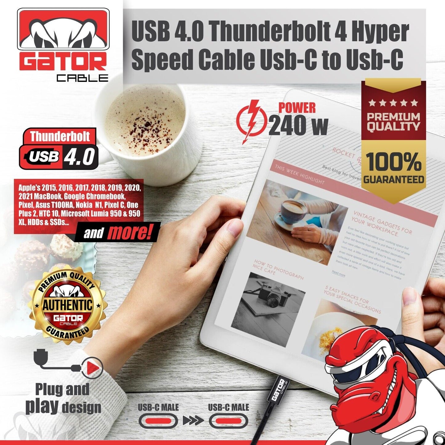 Thunderbolt 4 3 USB-C 4.0 Cable Charger Data 40Gbps PD 240W 8K Video Display UHD