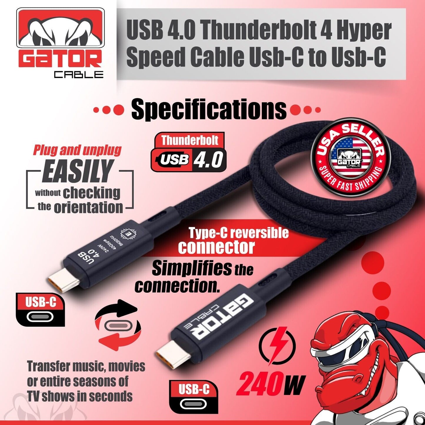 Thunderbolt 4 3 USB-C 4.0 Cable Charger Data 40Gbps PD 240W 8K Video Display UHD