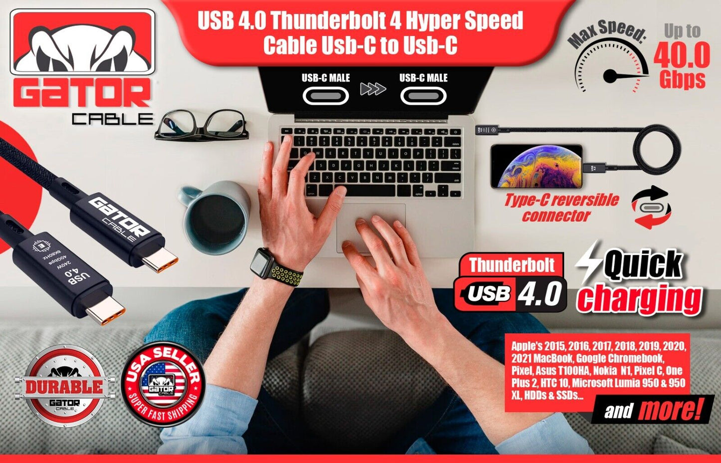 Thunderbolt 4 3 USB-C 4.0 Cable Charger Data 40Gbps PD 240W 8K Video Display UHD