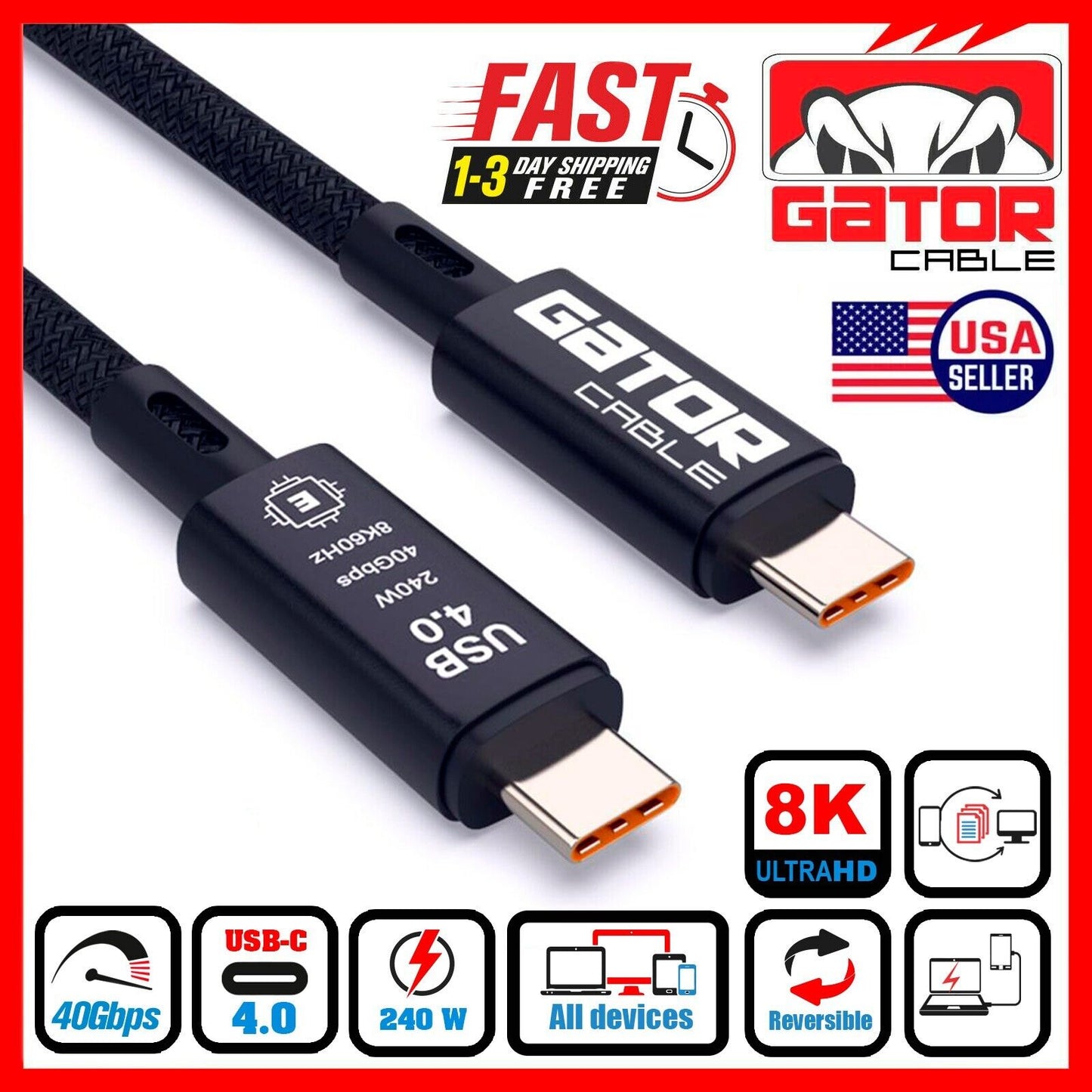 Thunderbolt 4 3 USB-C 4.0 Cable Charger Data 40Gbps PD 240W 8K Video Display UHD
