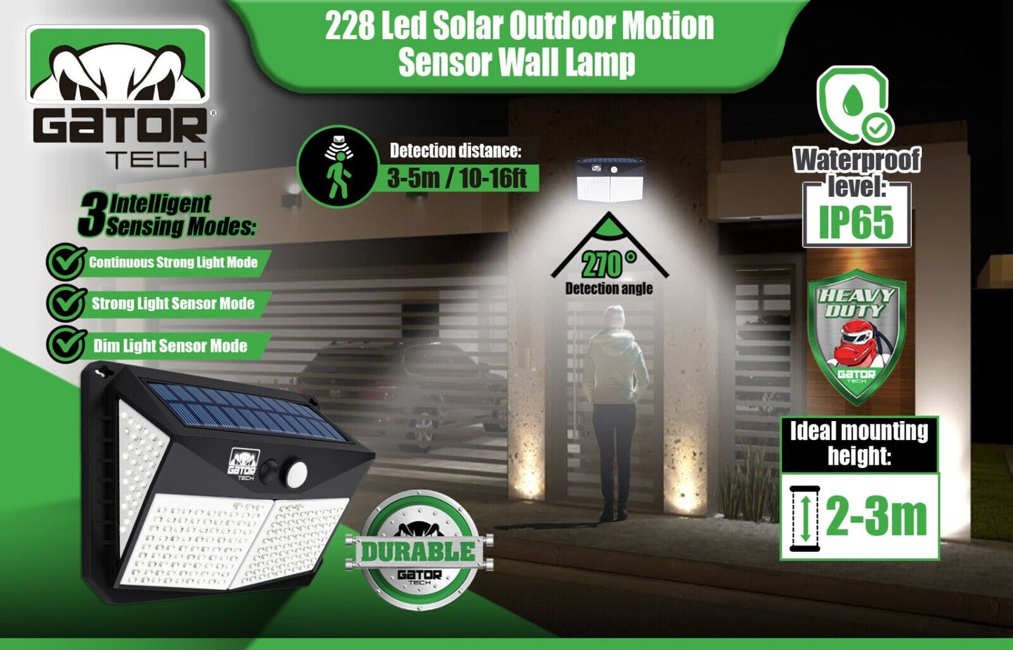 Solar Power 228 LED PIR Motion Sensor Outdoor Security Garden Wall Lamp Light