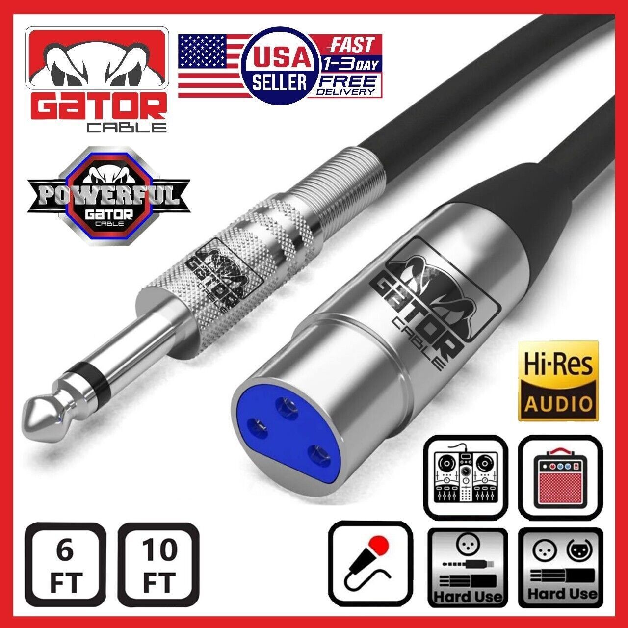 XLR 3-Pin Female to 1/4" Plug TS Microphone Mono Cable Unbalanced Shielded Audio