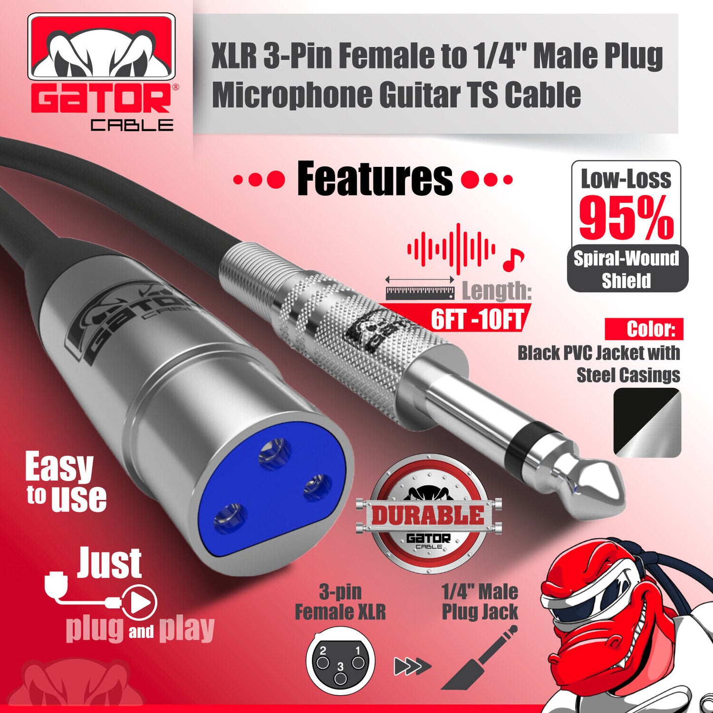 XLR 3-Pin Female to 1/4" Plug TS Microphone Mono Cable Unbalanced Shielded Audio