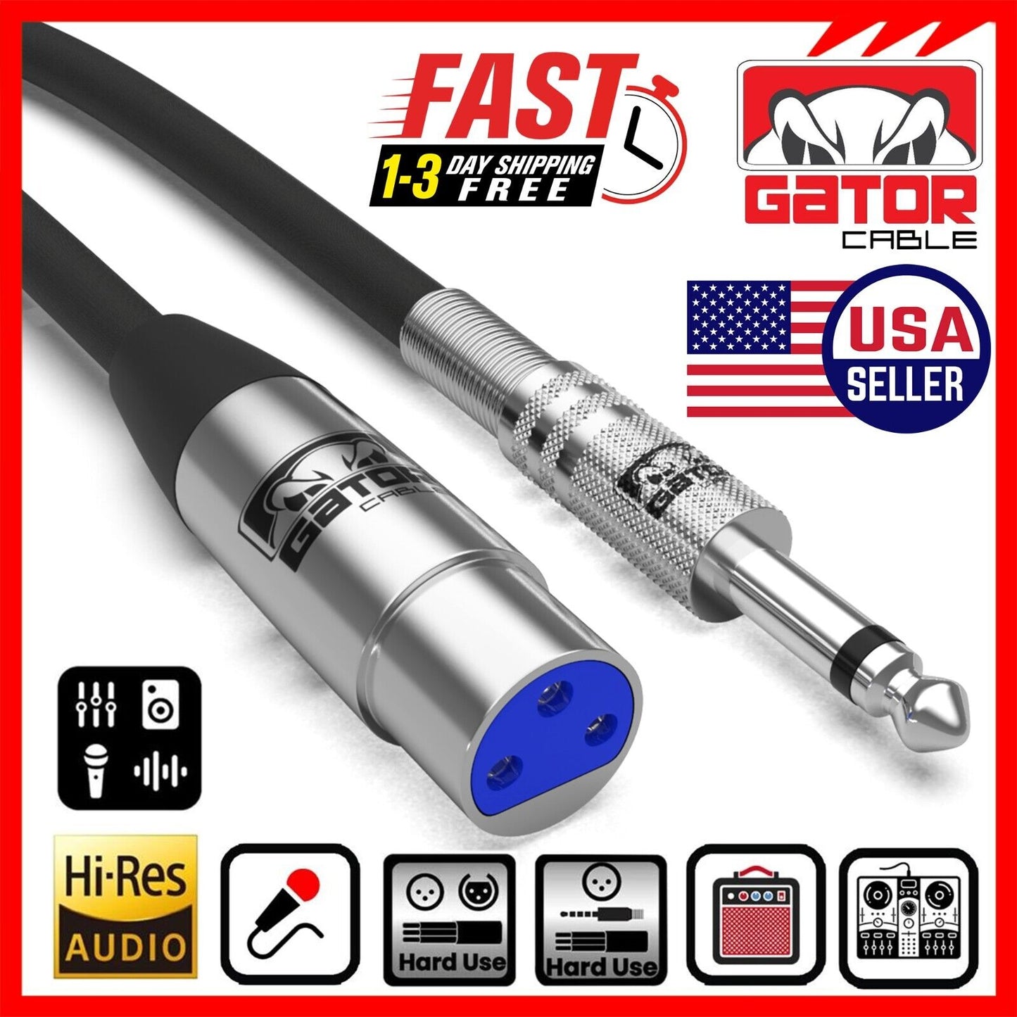 XLR 3-Pin Female to 1/4" Plug TS Microphone Mono Cable Unbalanced Shielded Audio