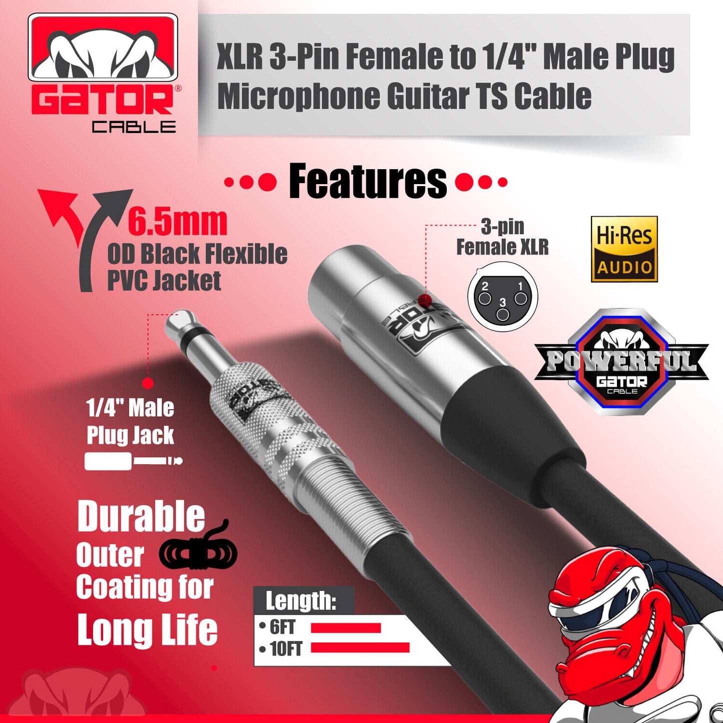 XLR 3-Pin Female to 1/4" Plug TS Microphone Mono Cable Unbalanced Shielded Audio