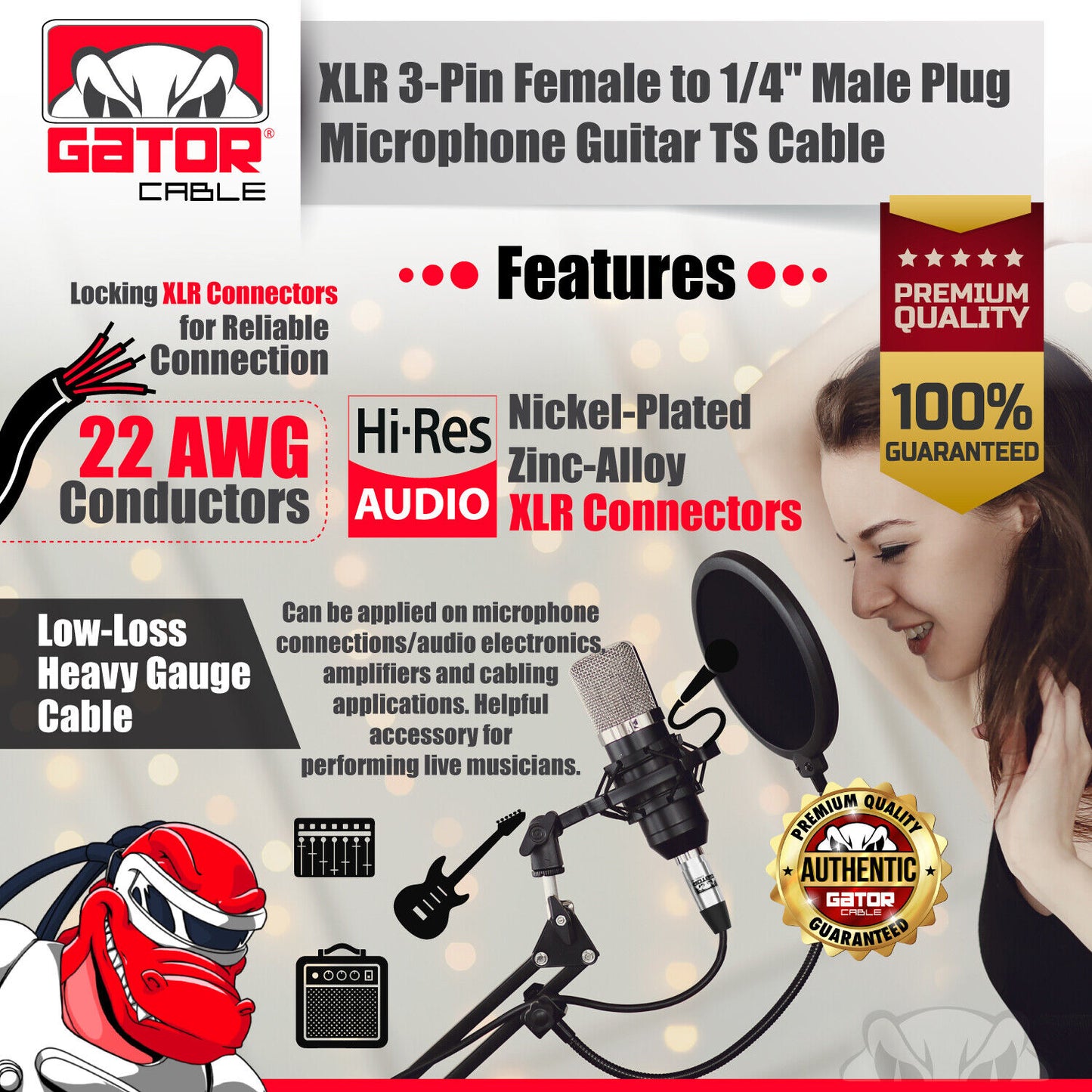 XLR 3-Pin Female to 1/4" Plug TS Microphone Mono Cable Unbalanced Shielded Audio