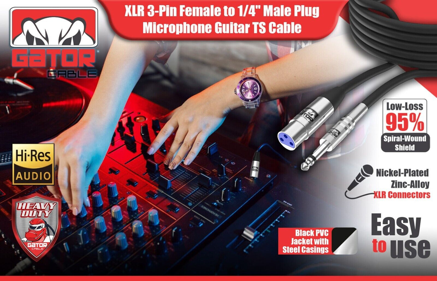 XLR 3-Pin Female to 1/4" Plug TS Microphone Mono Cable Unbalanced Shielded Audio