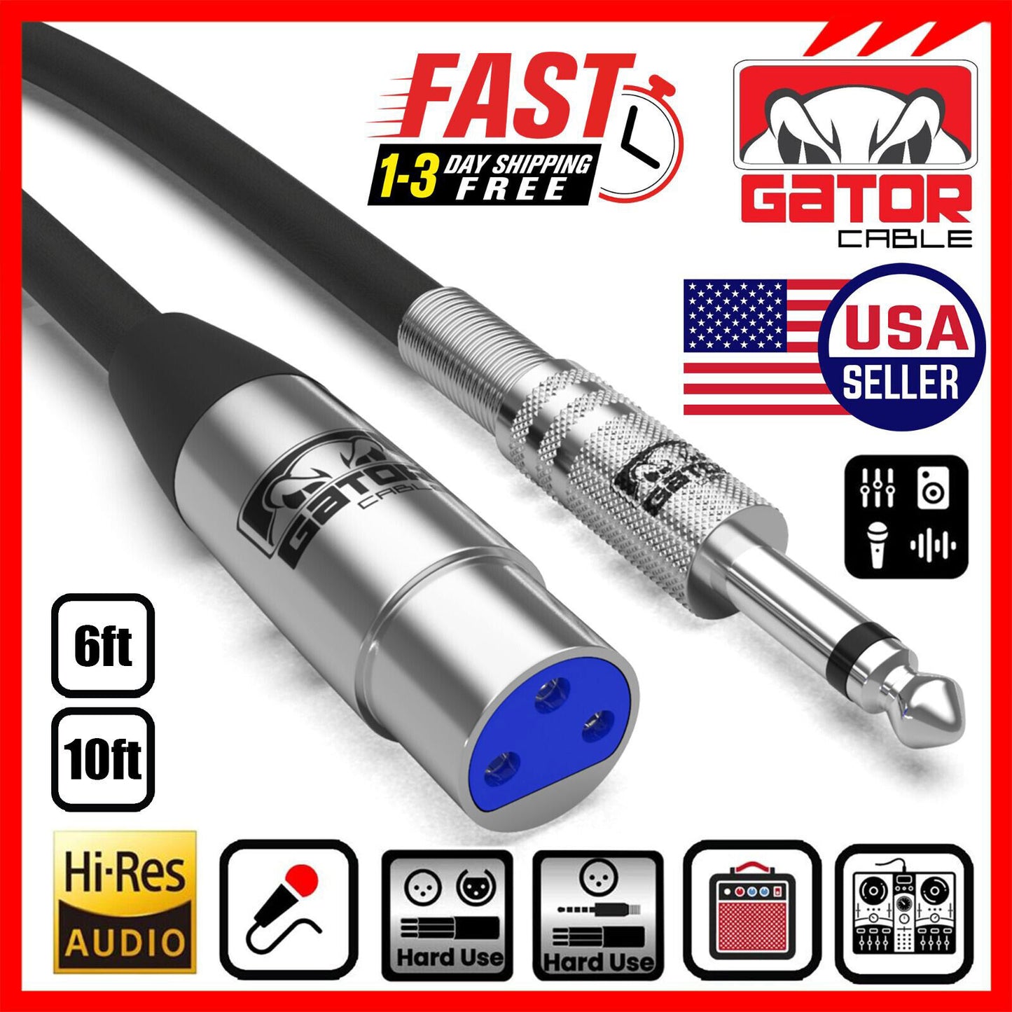 XLR 3-Pin Female to 1/4" Plug TS Microphone Mono Cable Unbalanced Shielded Audio