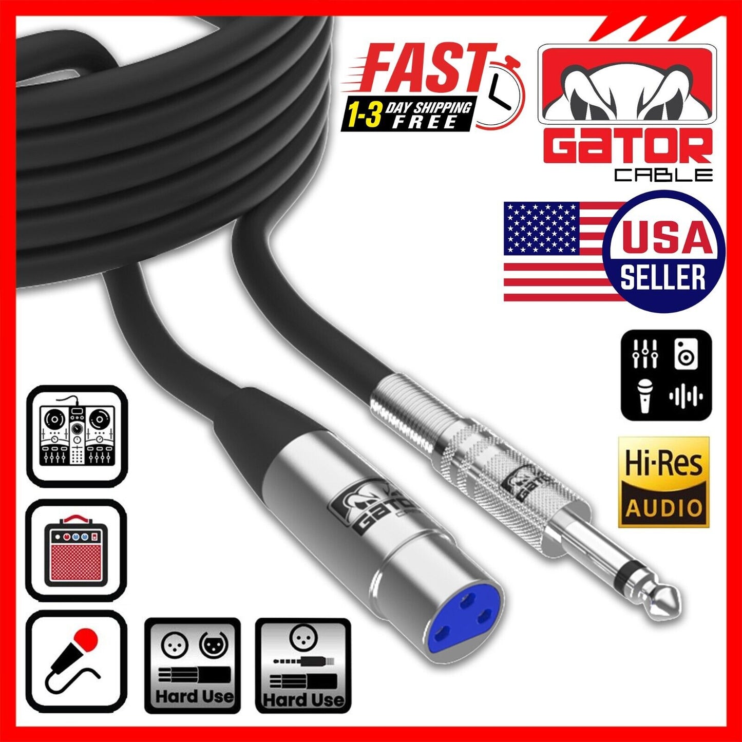 XLR 3-Pin Female to 1/4" Plug TS Microphone Mono Cable Unbalanced Shielded Audio