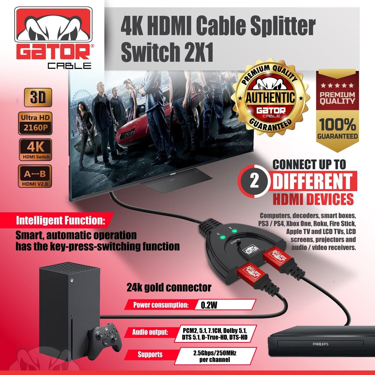 4K HDMI 2.0 Cable Auto Switch Switcher Splitter Adapter 2 In to 1 Out Devices