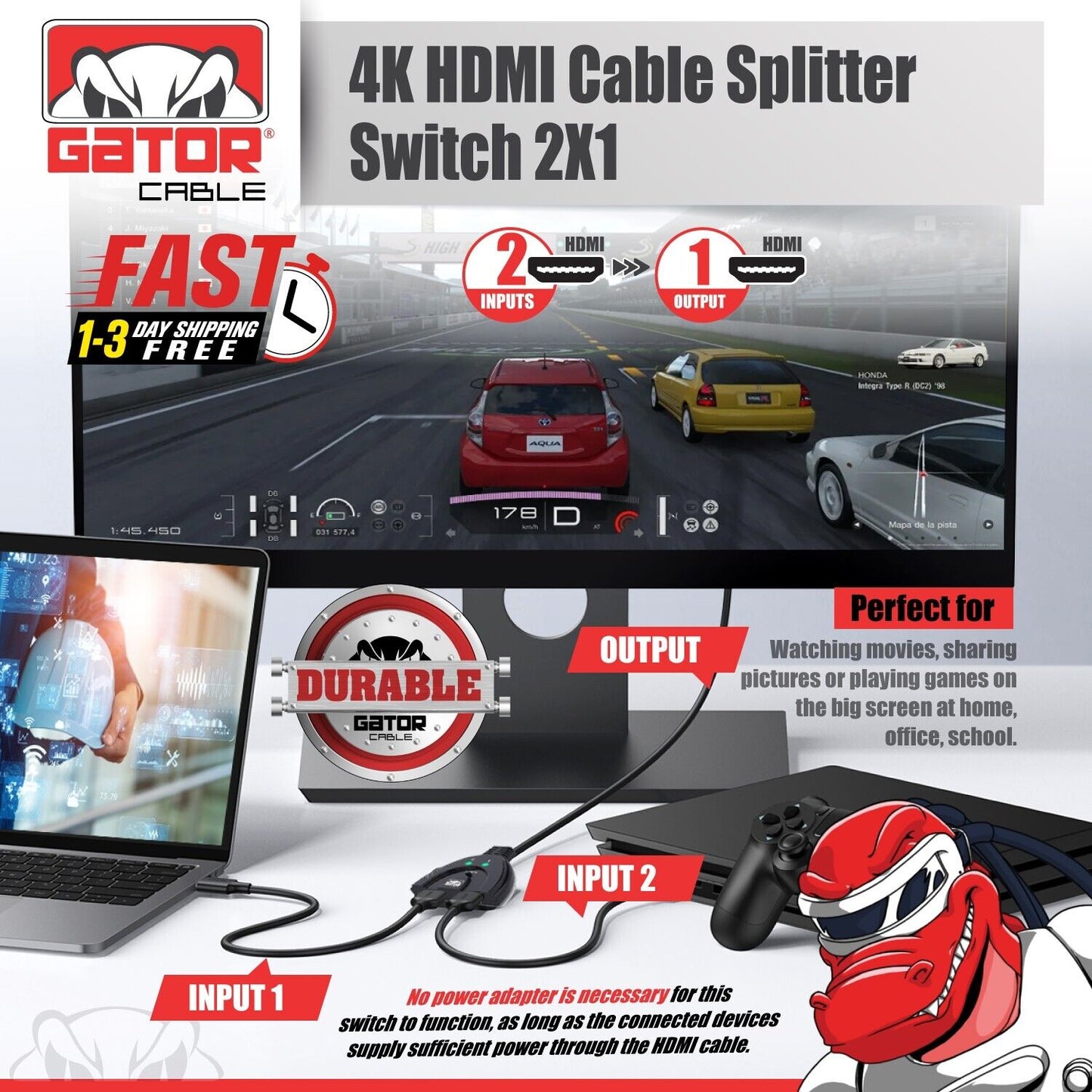 4K HDMI 2.0 Cable Auto Switch Switcher Splitter Adapter 2 In to 1 Out Devices