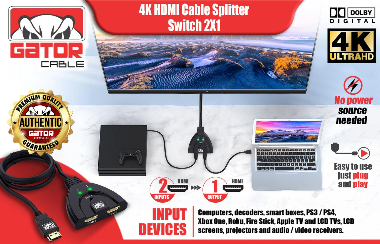 4K HDMI 2.0 Cable Auto Switch Switcher Splitter Adapter 2 In to 1 Out Devices
