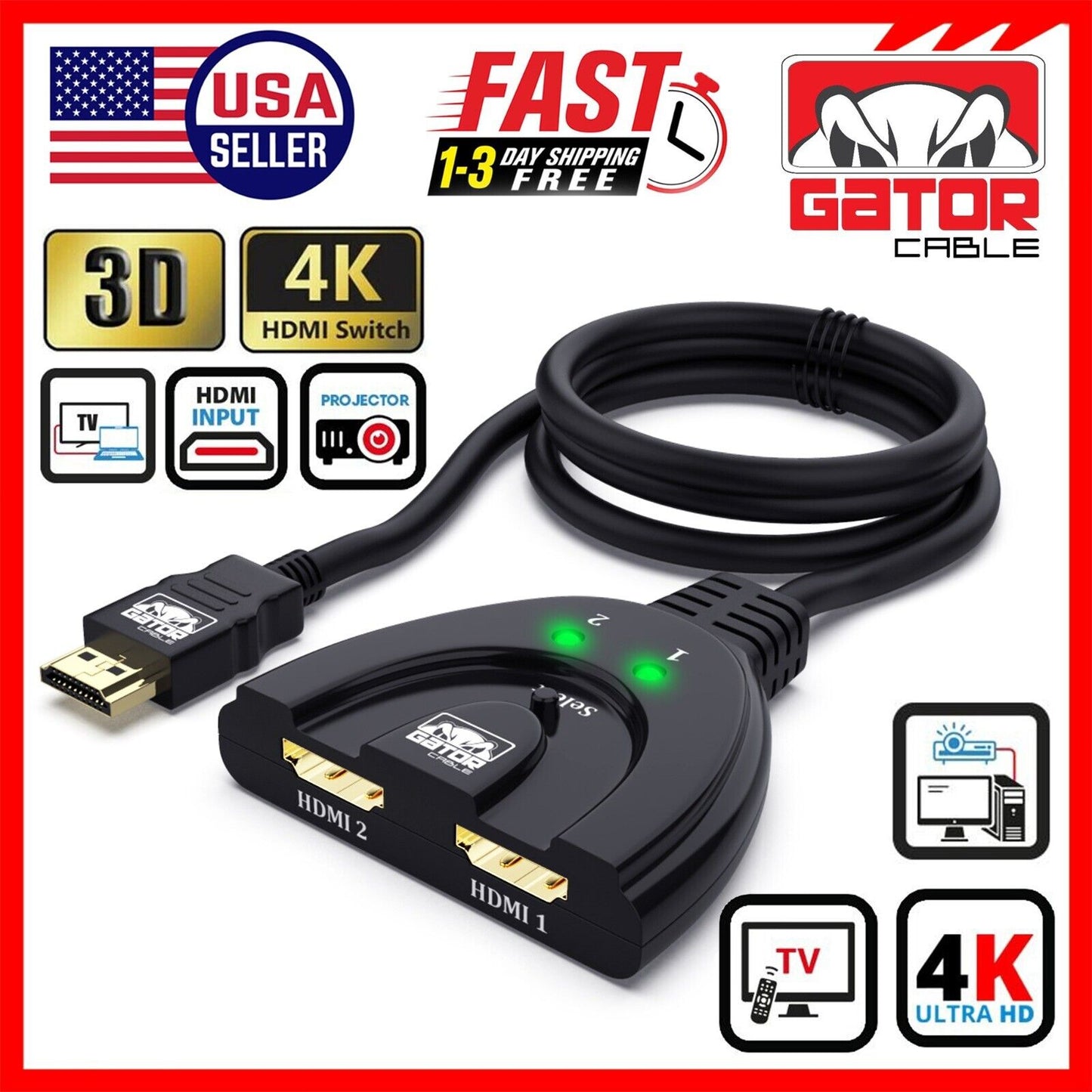 4K HDMI 2.0 Cable Auto Switch Switcher Splitter Adapter 2 In to 1 Out Devices