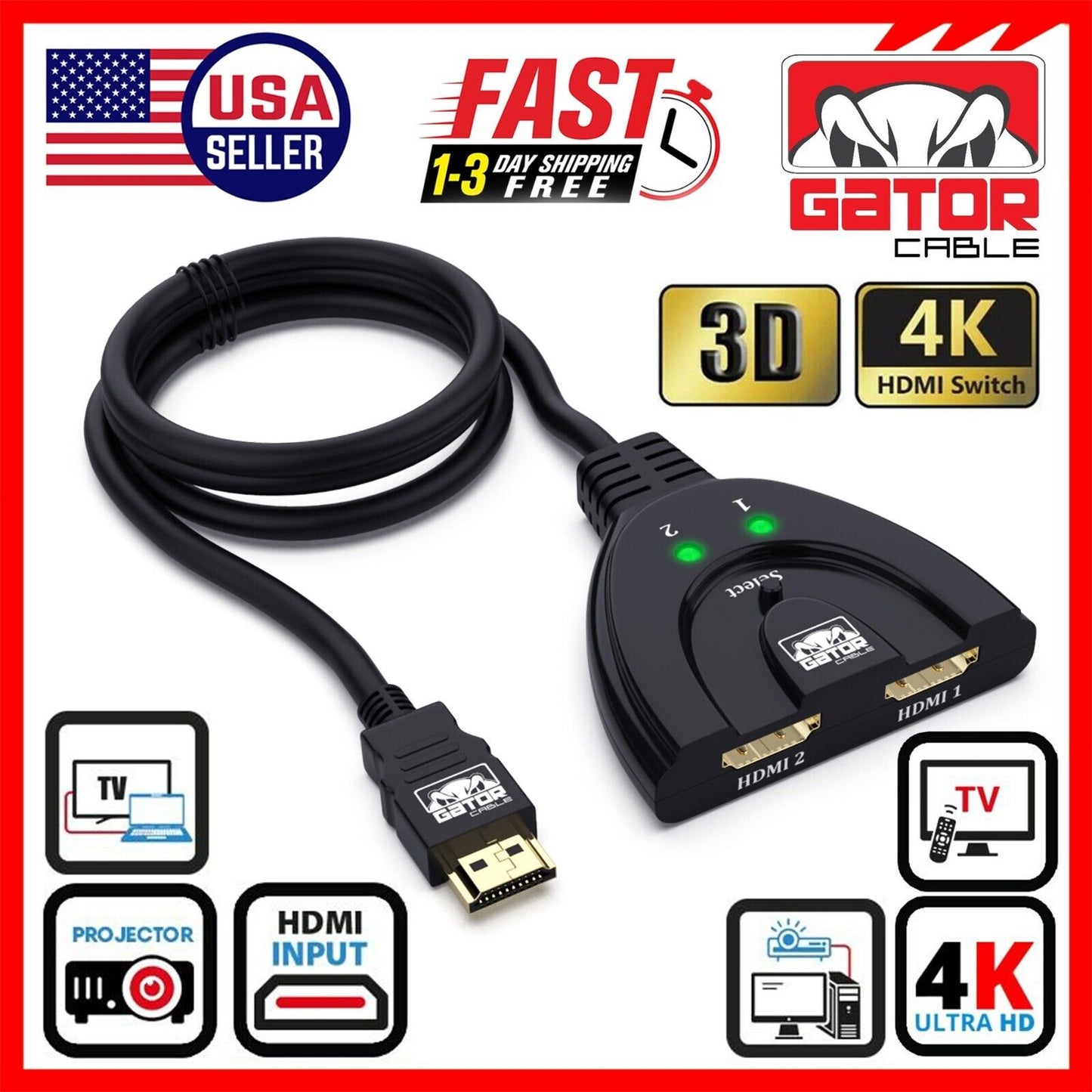 4K HDMI 2.0 Cable Auto Switch Switcher Splitter Adapter 2 In to 1 Out Devices