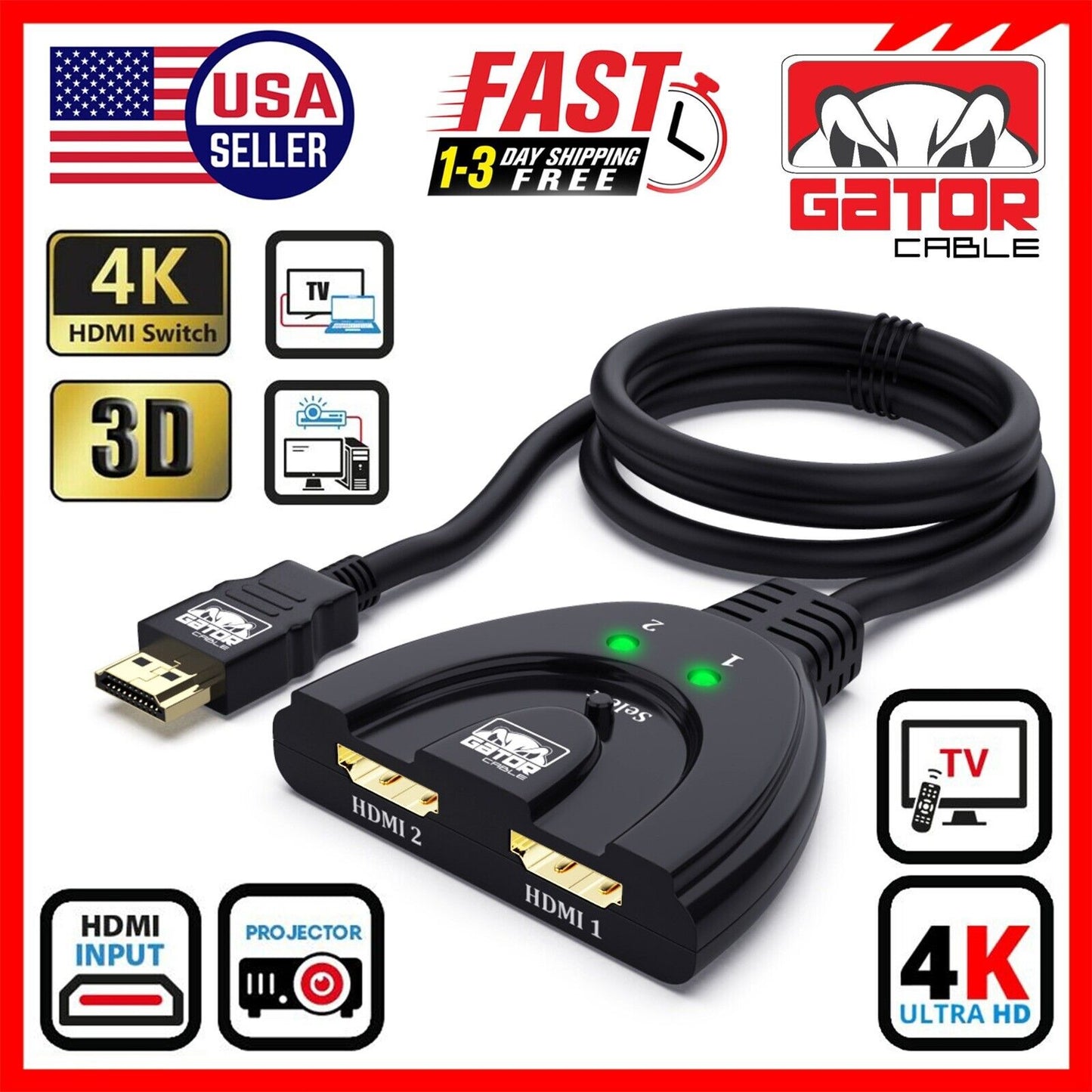 4K HDMI 2.0 Cable Auto Switch Switcher Splitter Adapter 2 In to 1 Out Devices