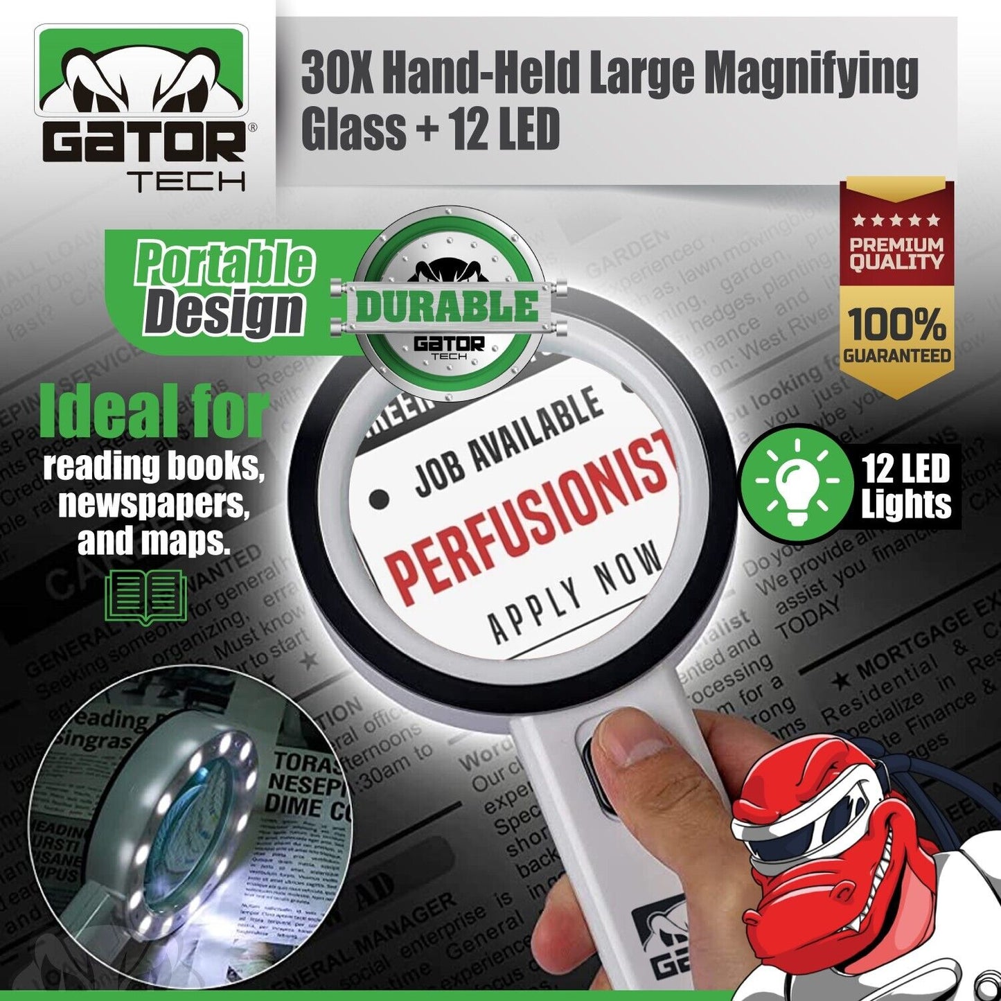 Magnifying Glass Bright LED Light Handheld Jumbo Illuminated 30X Magnifier Large