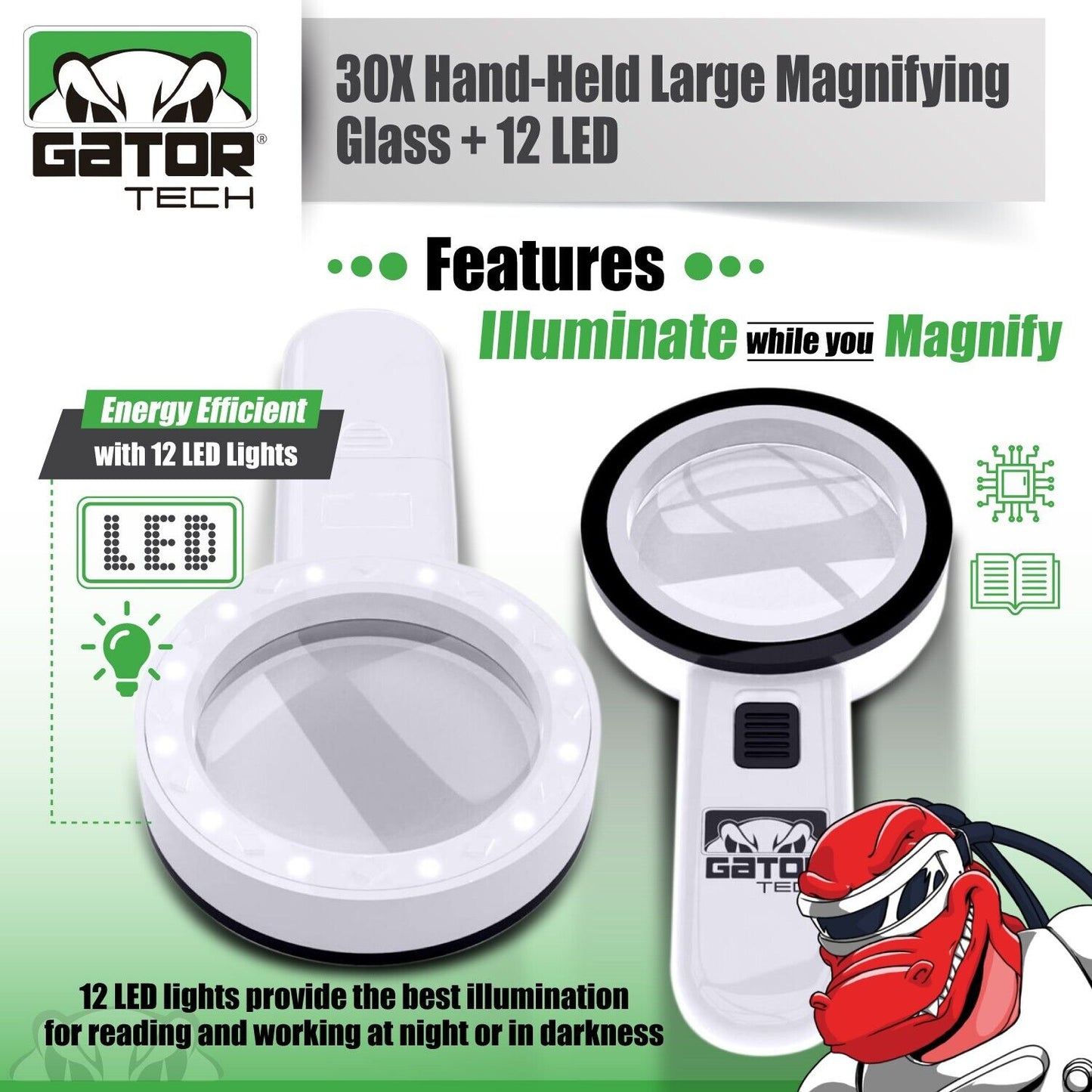 Magnifying Glass Bright LED Light Handheld Jumbo Illuminated 30X Magnifier Large