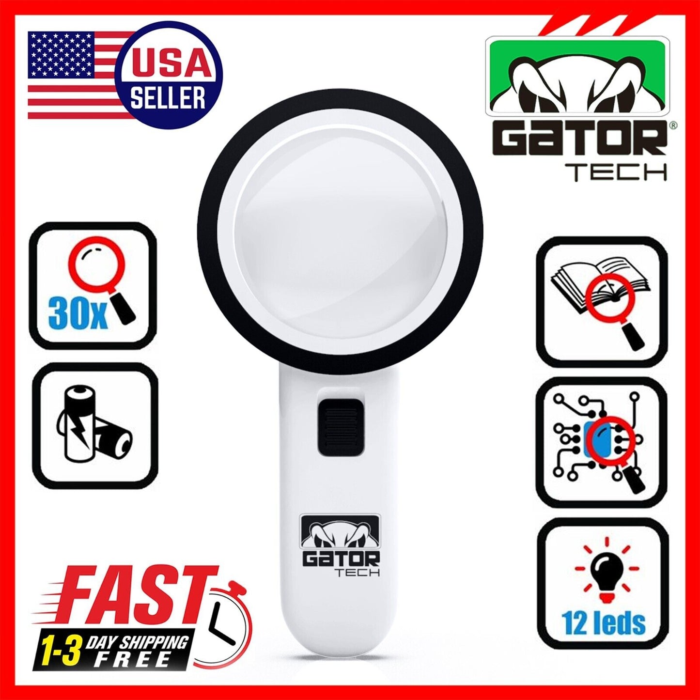 Magnifying Glass Bright LED Light Handheld Jumbo Illuminated 30X Magnifier Large