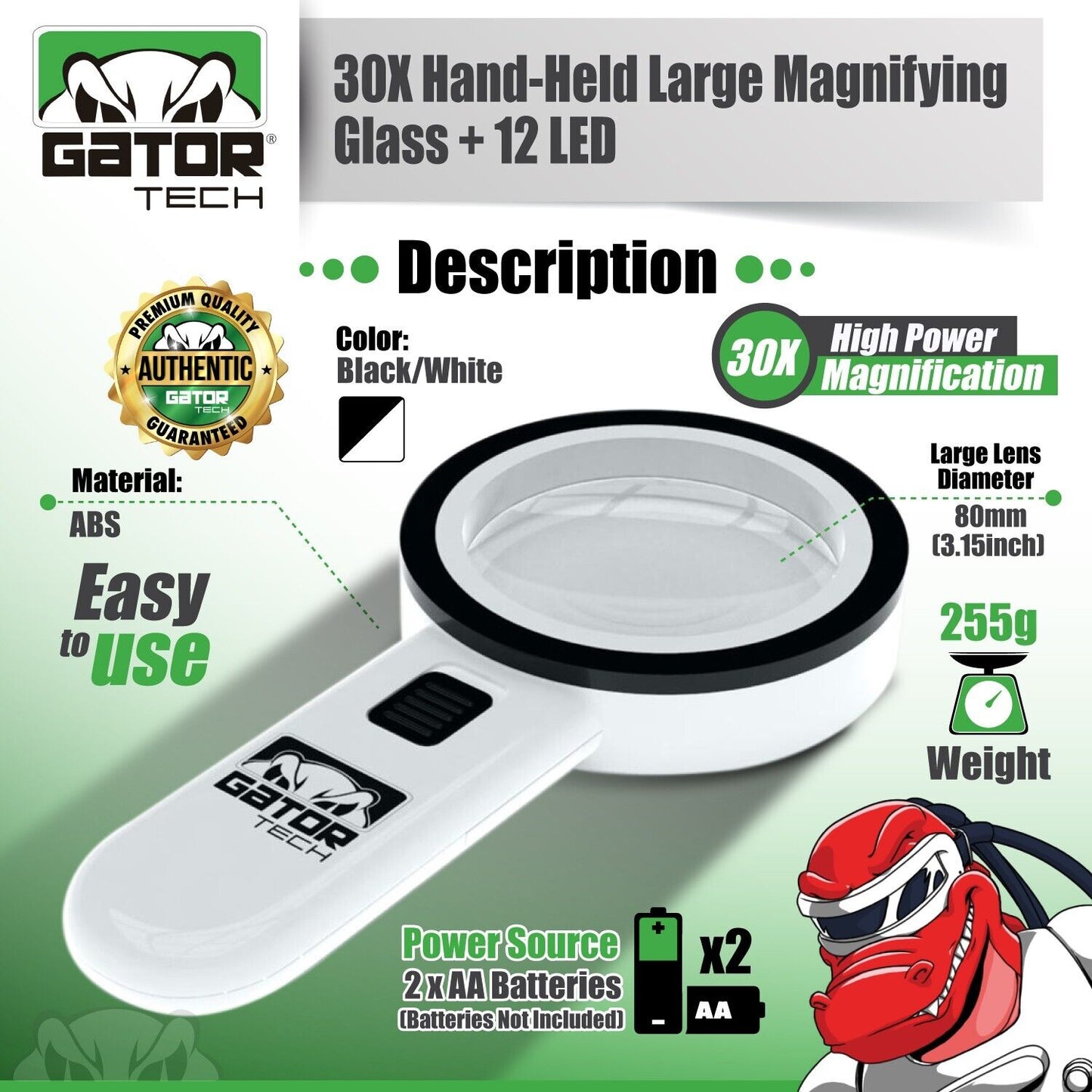 Magnifying Glass Bright LED Light Handheld Jumbo Illuminated 30X Magnifier Large