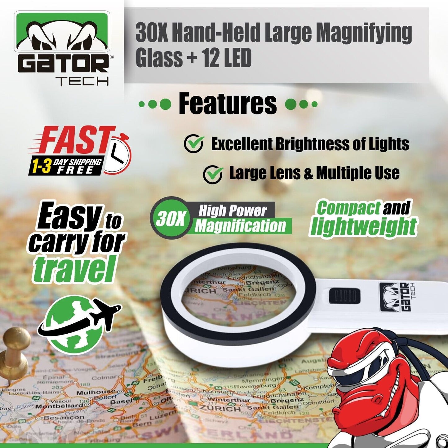 Magnifying Glass Bright LED Light Handheld Jumbo Illuminated 30X Magnifier Large